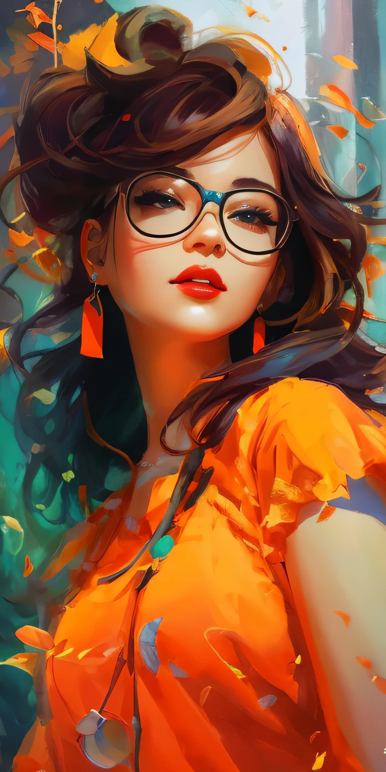 a painting of a woman with glasses and a bright orange dress, digital painting style, glossy digital painting, digital painting art, rossdraws cartoon vibrant, digital art painting, colorful digital painting, trending on artstration, rossdraws portrait, digital art picture, style in digital painting, rossdraws 1. 0, beautiful digital painting, lois van rossdraws, gorgeous digital painting