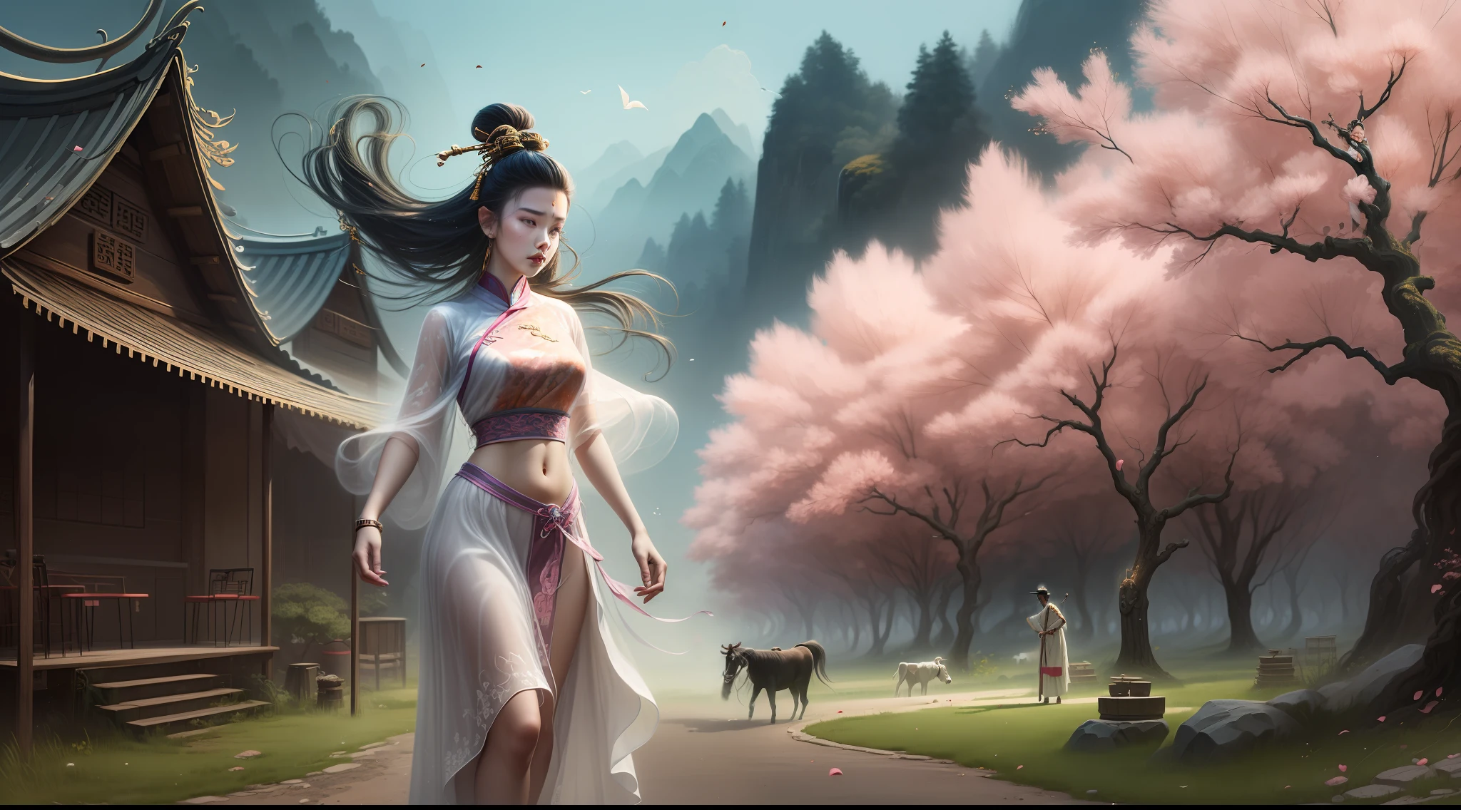 A young boy herding cattle in ancient China，belly-bar，Country dress，white backgrounid，Game character display，Ink wind，fully body photo，Xinghua Village，pink colored trims