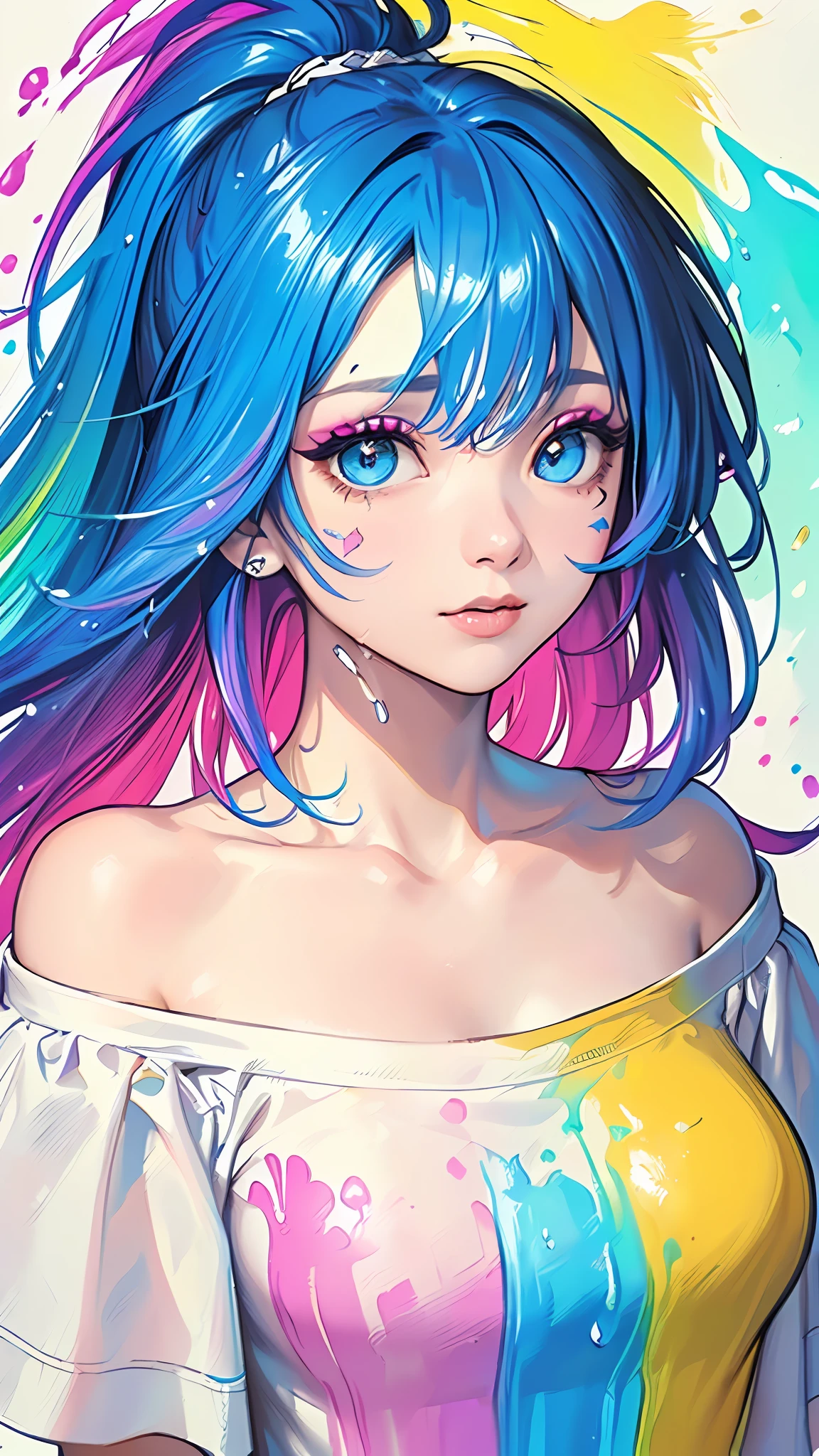 (Pink Fashion T-shirt:1.9),(Colorful hair: 1.8), (all the colours of the rainbow: 1.8),(((((vertical painting:1.6))), (painting:1.6),front, comics, illustrations, paintings, large eyes, crystal clear eyes,( rainbow color gradient high ponytail:1.7), exquisite makeup, closed mouth,(Small Fresh: 1.5),(Wipe Chest: 1.6) ,long eyelashes, white off shoulder T-shirt, White Shoulder Shirt,looking at the audience, large watery eyes, (rainbow colored hair:1.6), color splash, (solo:1.8), color splash, color explosion, thick paint style, messy lines, ((shining)),(colorful), (colorful), (colorful), colorful, Thick Paint Style, (Splash) (Color Splash), Vertical Painting, Upper Body, Paint Splash, Acrylic Pigment, Gradient, Paint, Highest Image Quality, Highest Quality, Masterpiece, Solo, Depth of Field, Face Paint, colorful clothes, (Elegant: 1.2), gorgeous,long hair, wind, (Elegant: 1.3), (Petals: 1.4),(((masterpiece))),(((best quality))),((ultra-detailed)),(illustration),(dynamic angle),((floating)),(paint),((disheveled hair)),(solo),(1girl) , (((detailed anima face))),((beautiful detailed face)),collar,bare shoulders,white hair, ((colorful hair)),((streaked hair)),beautiful detailed eyes,(Gradient color eyes),(((colorful eyes))),(((colorful background))),(((high saturation))),(((surrounded by colorful splashes))),(Pink Fashion T-shirt:1.9),(Colorful hair: 1.8), (all the colours of the rainbow: 1.8),(((((vertical painting:1.6))), (painting:1.6),front, comics, illustrations, paintings, large eyes, crystal clear eyes,( rainbow color gradient high ponytail:1.7), exquisite makeup, closed mouth,(Small Fresh: 1.5),(Wipe Chest: 1.6) ,long eyelashes, white off shoulder T-shirt, White Shoulder Shirt,looking at the audience, large watery eyes, (rainbow colored hair:1.6), color splash, (solo:1.8), color splash, color explosion, thick paint style, messy lines, ((shining)),(colorful), (colorful), (colorful), colorful, Thick Paint Style, (Splash) (Color Splash), Vertical Painting, Upper Body