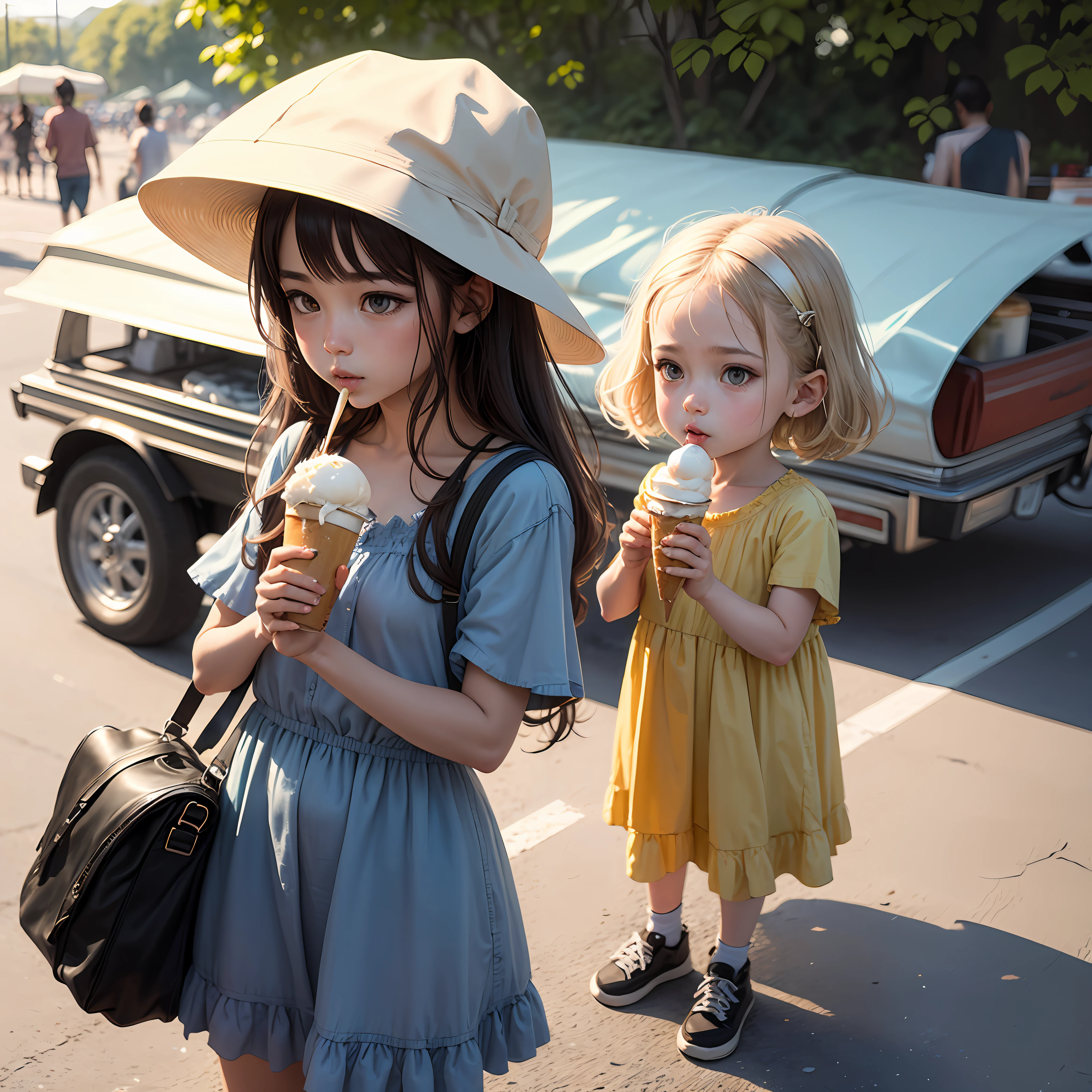 A sketch of a watercolor character,Woman on the road with child in summer dress,The child is eating ice cream,There are many people on the side of the road who eat food stalls and drink beer --auto