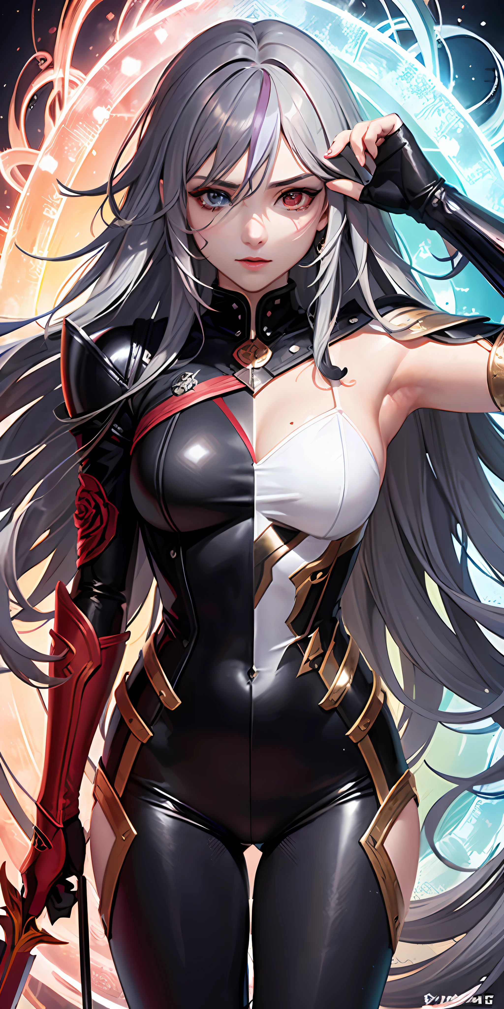 (the golden ratio:1.2),(Rose graffiti:1.2),(Fault color:1.3),[(Chaos War Manuscript:1.4)::10],(full bodyesbian:1.2),(ultradetailed:1.3),full bodyesbian,Dangling,(mizore:1.2),(Gray hair),(Etheric color ink flows:1.3),（Wearing black and red armor:1.2）,(Heterochromia in both eyes),(Red sword in the right hand),(of a guy)。
