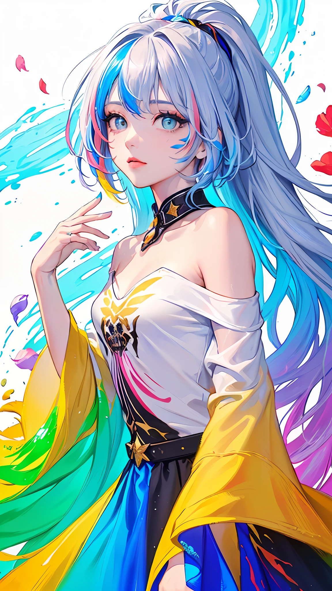 (Pink Fashion T-shirt:1.9),(Colorful hair: 1.8), (all the colours of the rainbow: 1.8),(((((vertical painting:1.6))), (painting:1.6),front, comics, illustrations, paintings, large eyes, crystal clear eyes,( rainbow color gradient high ponytail:1.7), exquisite makeup, closed mouth,(Small Fresh: 1.5),(Wipe Chest: 1.6) ,long eyelashes, white off shoulder T-shirt, White Shoulder Shirt,looking at the audience, large watery eyes, (rainbow colored hair:1.6), color splash, (solo:1.8), color splash, color explosion, thick paint style, messy lines, ((shining)),(colorful), (colorful), (colorful), colorful, Thick Paint Style, (Splash) (Color Splash), Vertical Painting, Upper Body, Paint Splash, Acrylic Pigment, Gradient, Paint, Highest Image Quality, Highest Quality, Masterpiece, Solo, Depth of Field, Face Paint, colorful clothes, (Elegant: 1.2), gorgeous,long hair, wind, (Elegant: 1.3), (Petals: 1.4),(((masterpiece))),(((best quality))),((ultra-detailed)),(illustration),(dynamic angle),((floating)),(paint),((disheveled hair)),(solo),(1girl) , (((detailed anima face))),((beautiful detailed face)),collar,bare shoulders,white hair, ((colorful hair)),((streaked hair)),beautiful detailed eyes,(Gradient color eyes),(((colorful eyes))),(((colorful background))),(((high saturation))),(((surrounded by colorful splashes))),