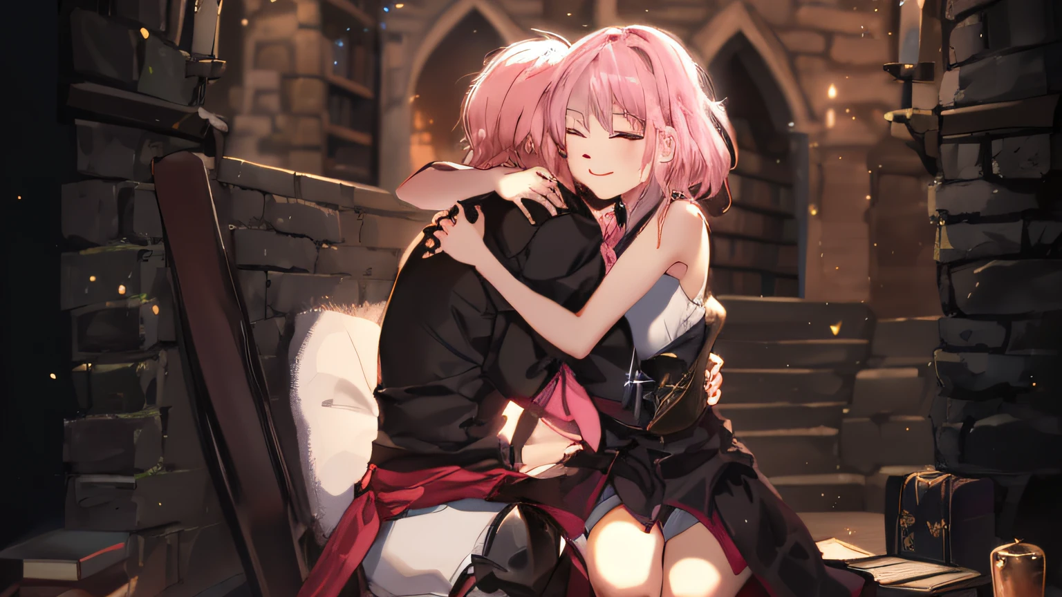 A beautiful pink hair girl sitting on bed in a white tank top and library of shorts,Hug a black-haired boy dressed in black clothes and black armor,Medieval hostel,waxy candles,Stone walls,The girl smiled happily with her eyes closed,The girl has bare arms and thighs,