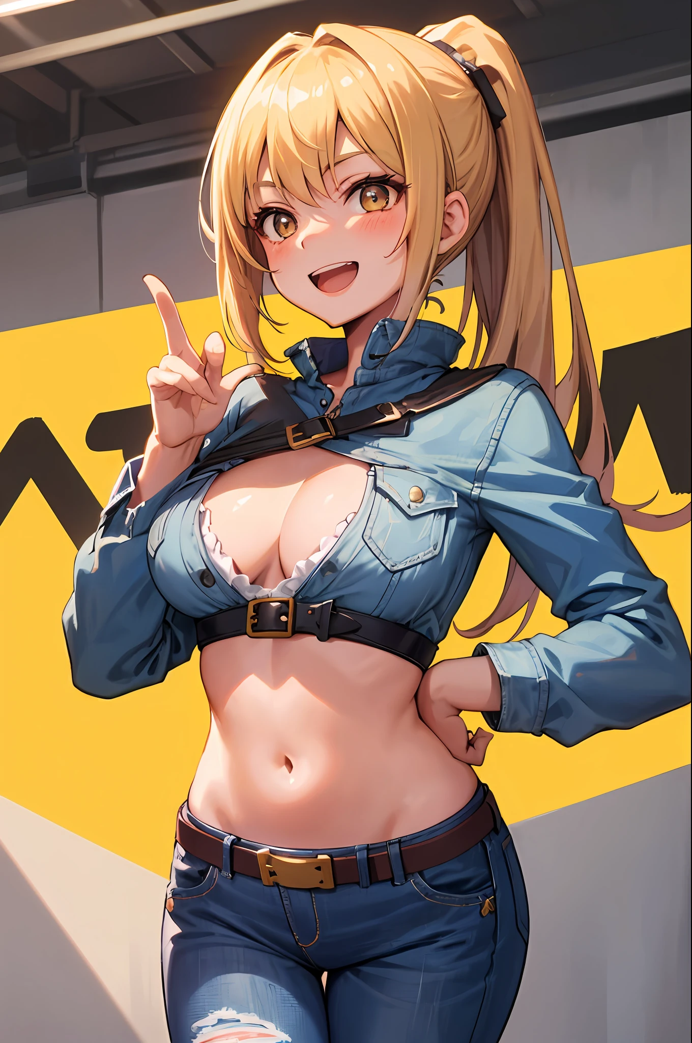 Bare chest,Original role,Volumetriclighting,best shadow,shallowdepthoffield,Portrait of a beautiful girl,petite,Hefty Smile,open open mouth,,Lovely Medium Breast, Layered long double ponytail blonde hair, Blush Eyeshadow, Crop topping, Slim waist, Denim Jeans Pants, Fasten with a buckled belt, standing on your feet,(HighestQuali,astonishing detail:1.25),(独奏:1.3)