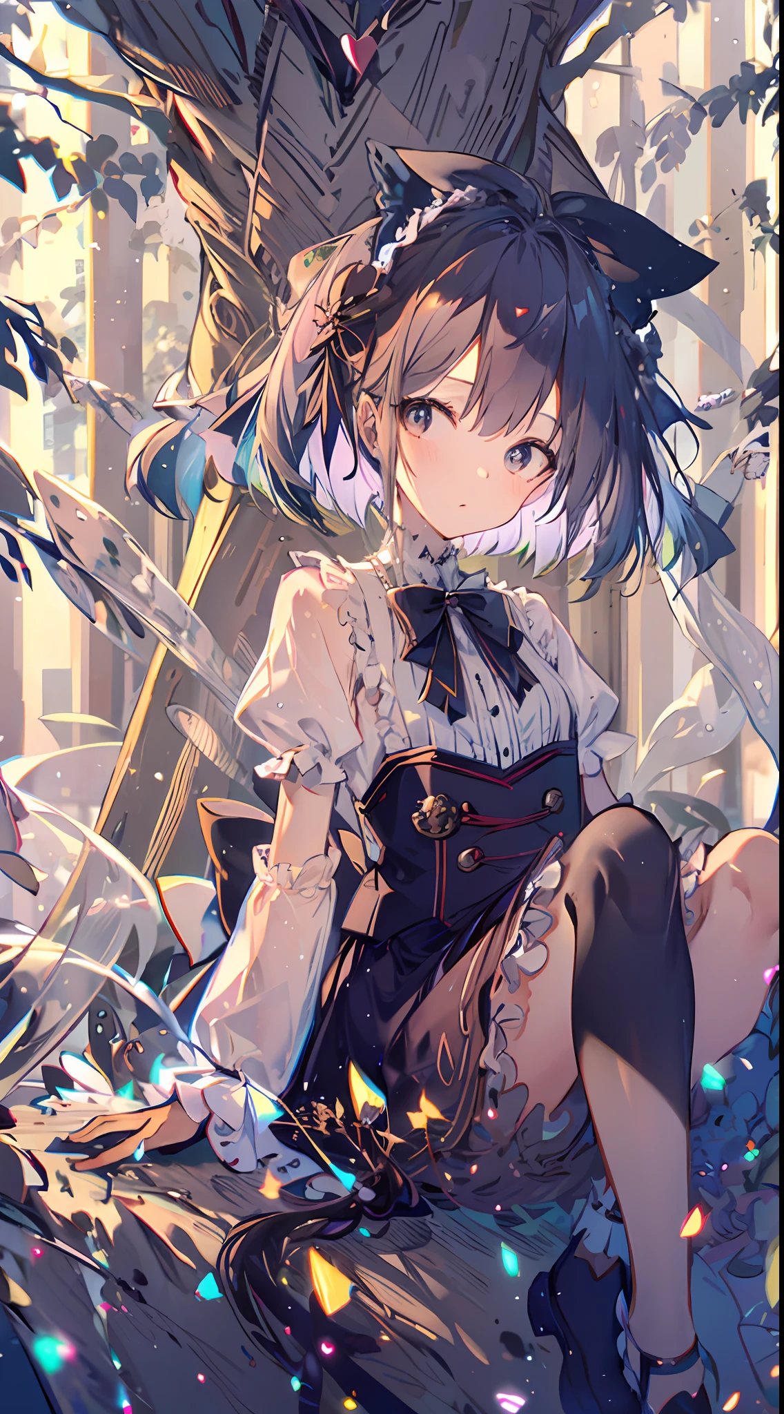 (Masterpiece),　one girls　in woods　Leprechaun　Sitting on a tree　Light is shining