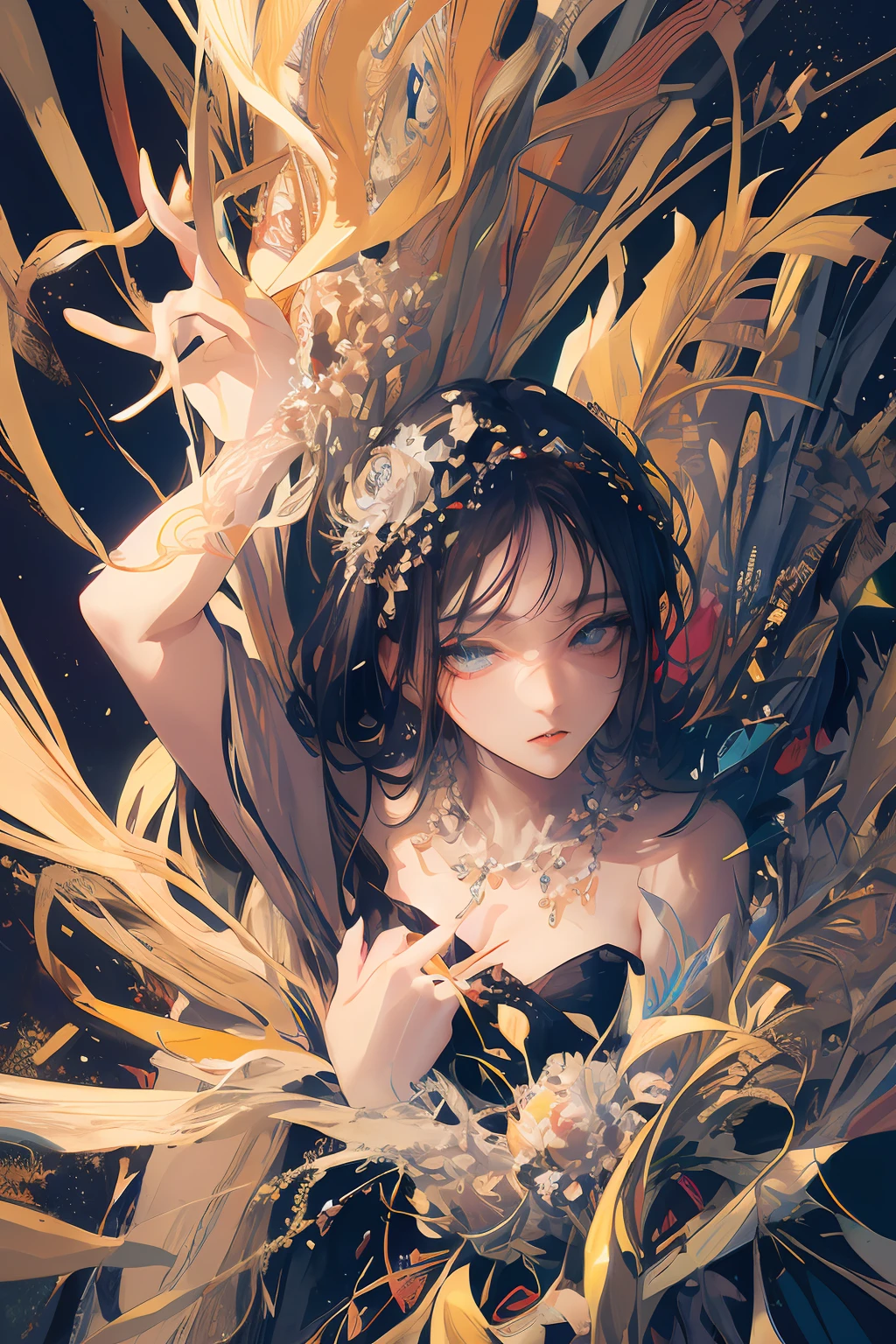 ((Masterpiece, Superb, Super Detailed, High Resolution)), solo, beautiful girl, sparkling eyes, perfect eyes, 15 years old, black and white gold theme,