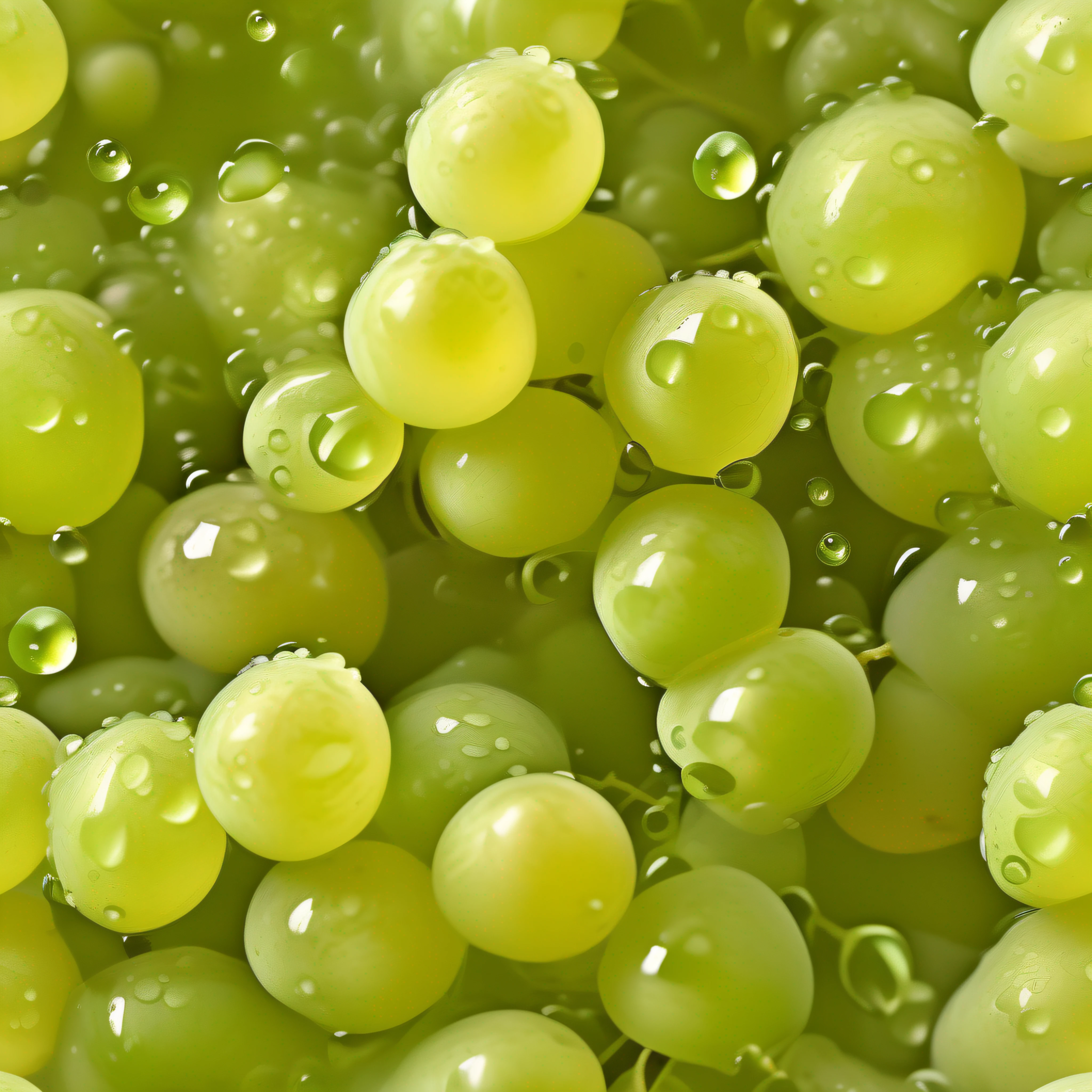 (Close-up of washed bright green grapes in a transparent bowl),translucent grapes,Bunches of tender green grapes,The diameter of the water droplets is about 1 mm,Water droplets drip from the banded leaves, Halal soda foamy droplets down to the smallest detail,A mellow fruity aroma diffuses from the green peel,Refreshing smell,The peel gives off a rich olive green sheen,High-resolution pictures show the authenticity and nature of the fruit。