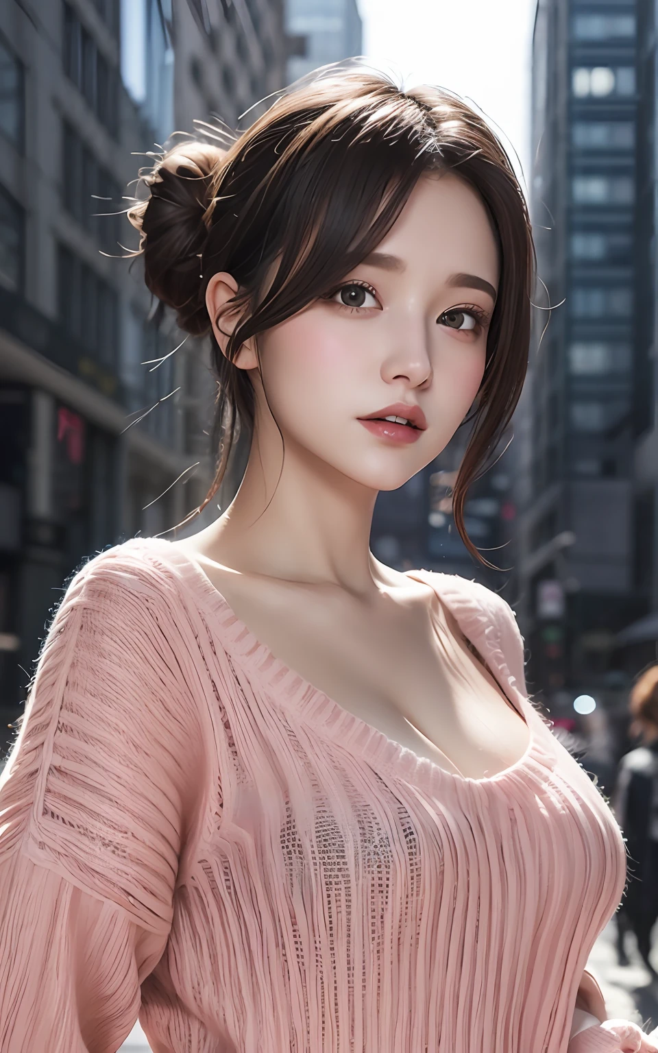 Highly detailed CG Unity 8k wallpaper, With the highest quality, super detailed, ​master piece, Realistic, photos realistic, extremely detailed cute girl, 25 years old, (virgin killer sweater) , jeans, (blush) , Round eyes, Large breasts, valley、looking viewer, Half body shot , city ,Large crowds ,  Hair bun