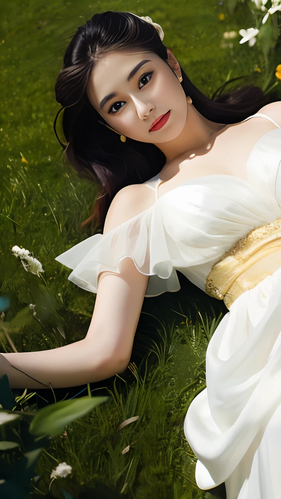 A gentle goddess in the golden sun, dressed in a flowing white dress, in the grass. Flowers, beautiful eyes, medium view