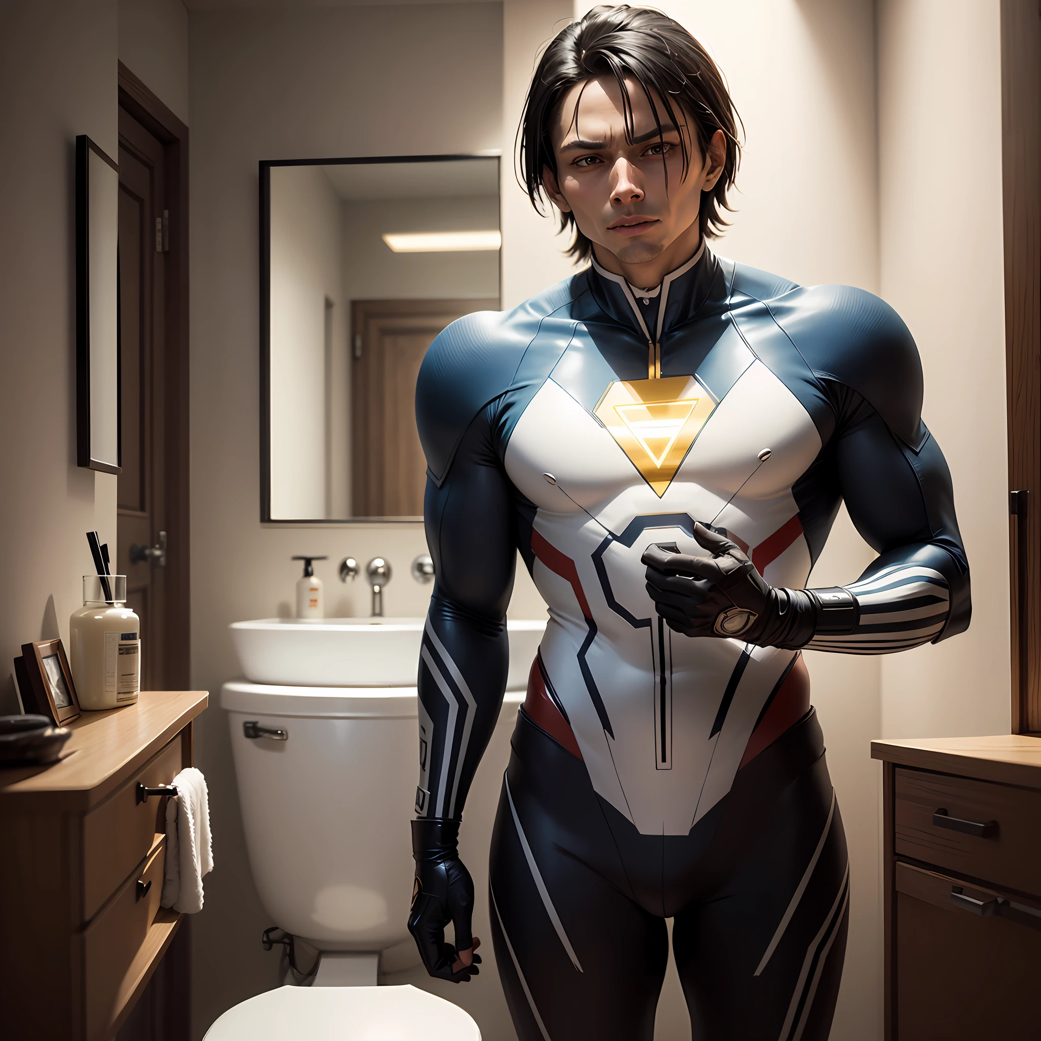 Sero Ultraman,Sero Ultraman in the toilet,Serro Altman smokes,Serro Ultraman stood by the toilet,There is a mirror,The dark side of Sero Ultraman in the mirror can be seen,4k,Fine detail painting,Draw the details of Serro Ultraman with precision,The scene is rich and detailed, --auto