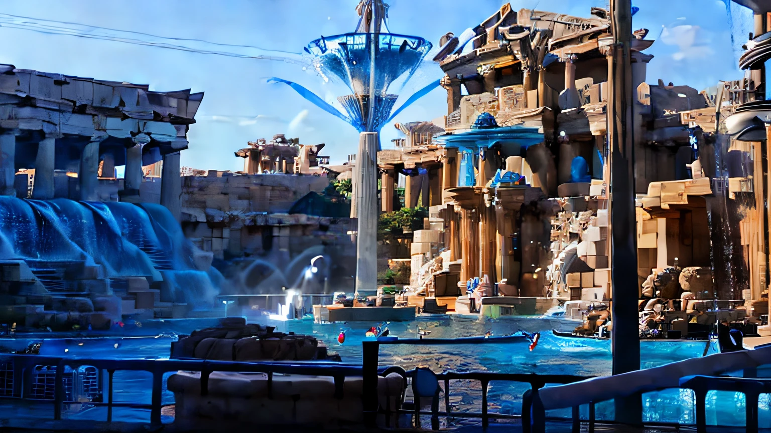 Water park with large fountains, water world, Poseidon Mythology theme park, Temple of Athens, Mythological theme setting, Beautiful view, Atlantean style in the background, movie set,
