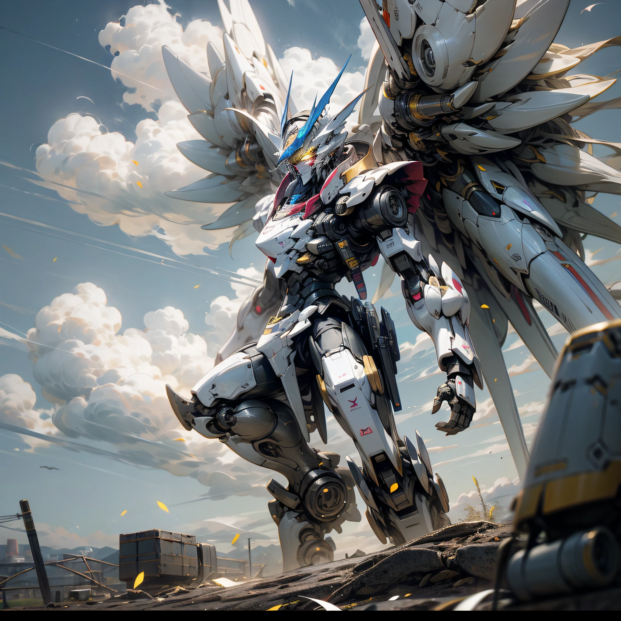 Skysky， ​​clouds， Holding_arma， No_Humanity， with light glowing， ， droid， build， Glowing_Eyes， mechs， Science_fiction， 城市， Realistis， mechs， Red part， Yellow part， mech wings， robot wings ，Virtual engine rendering Saint Seiya，Barbatos Gundam，greek god in mecha style,The wings are slightly smaller，Facial portrayal is more detailed --auto