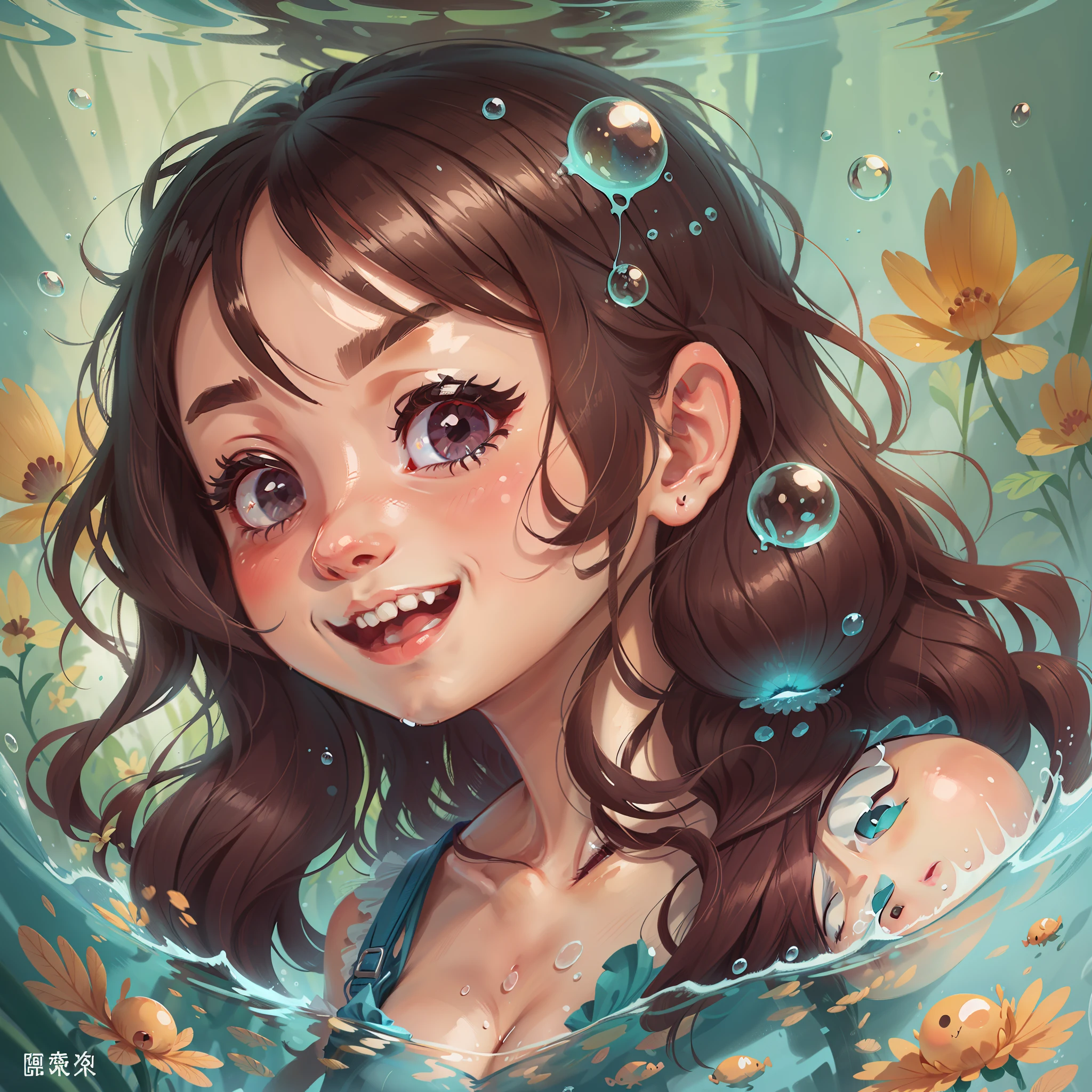1 cute girl,closeup of face,portraitures,No Man,Under the water,water bubbles,Buble,higher details,Rich in color,adorable smile,最好质量,8K,high saturated