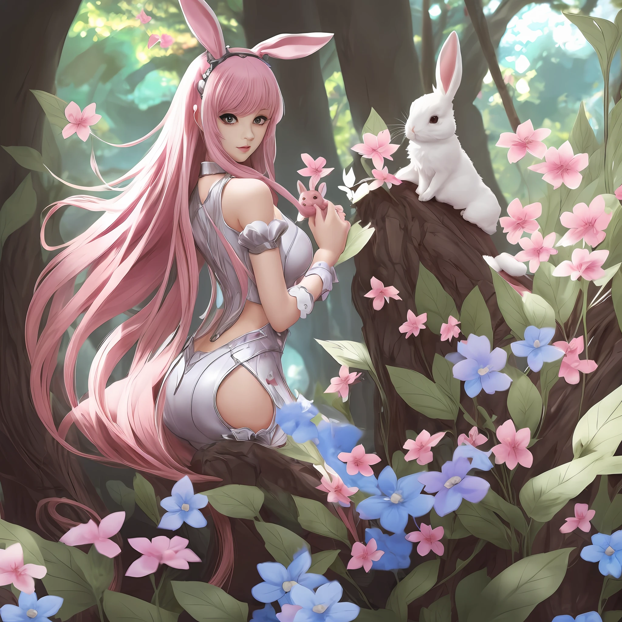 2D anime style、Girl holding a rabbit、Pink hair、huge tit、Big ass --auto