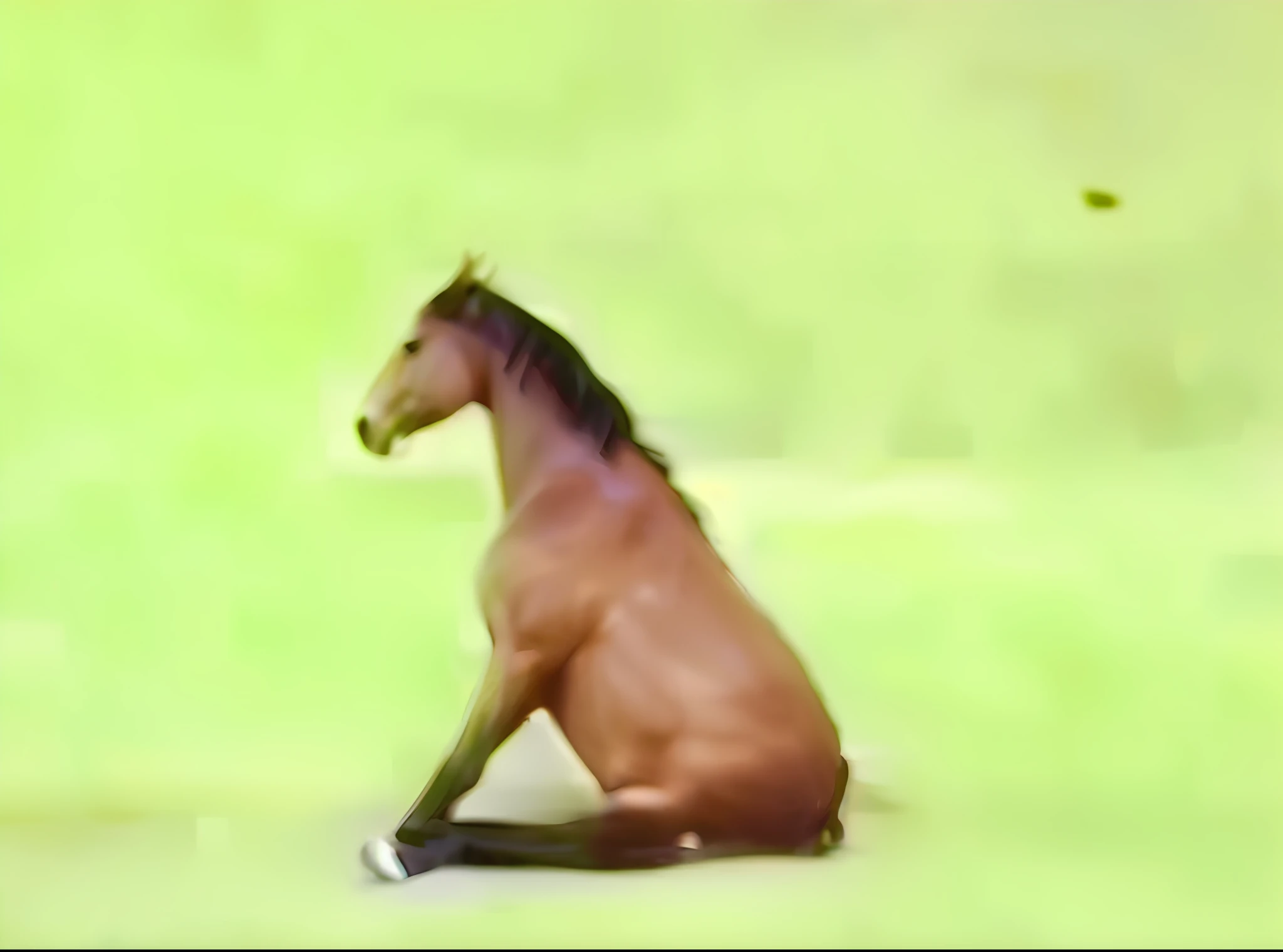 There was a horse sitting on the ground in the meadow