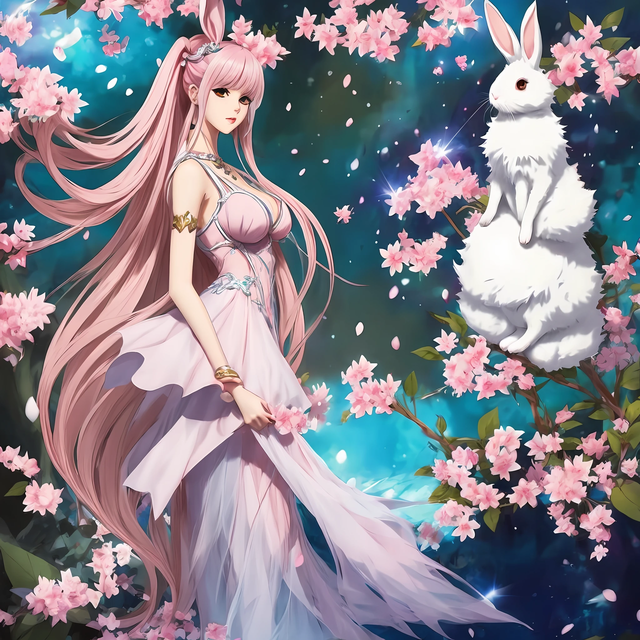 2D anime style、Girl holding a rabbit、Pink hair、huge tit、Big ass --auto