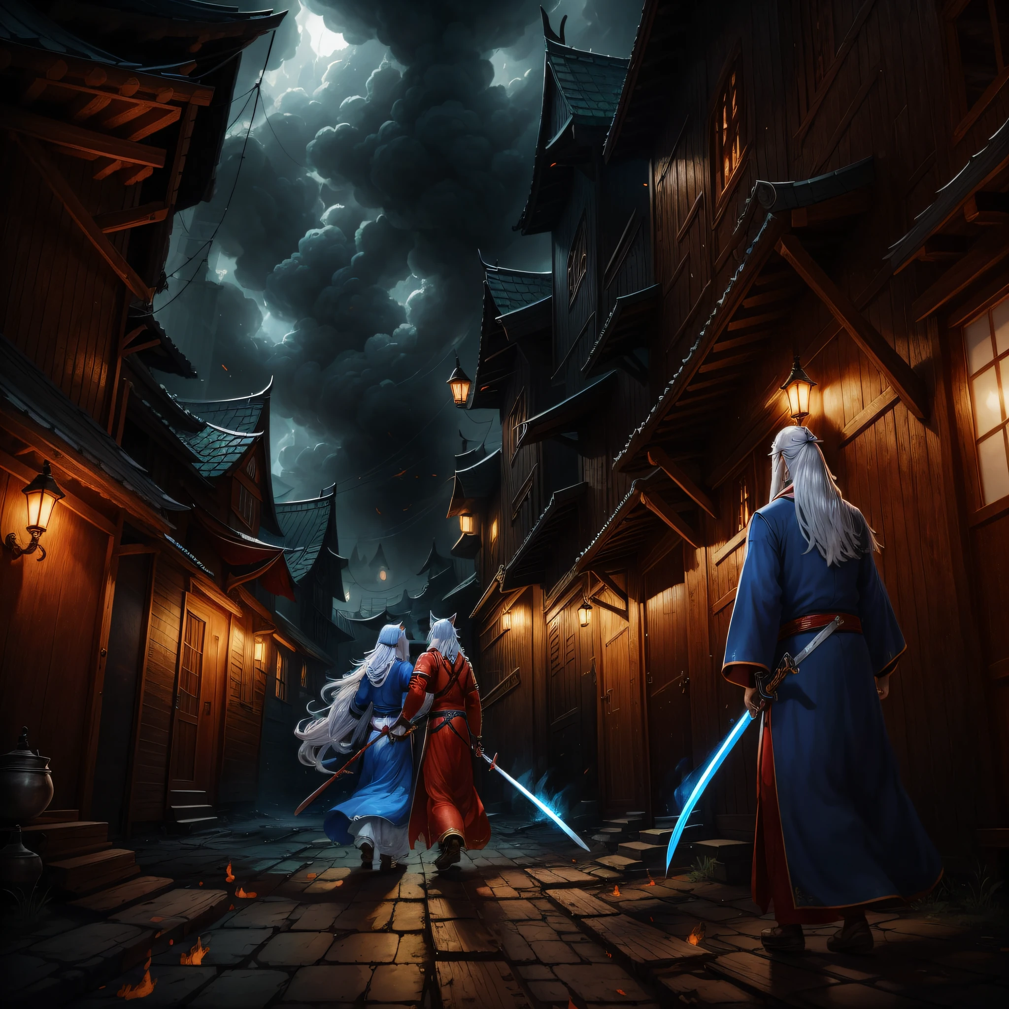 Extremely detailed CG,The picture is highly restored,Best picture quality,Extreme light and shadow,Two siblings back to back,Dressed in gorgeous blue-red Hanfu, Long silver-white hair fluttering in the wind, He held a seven-foot-long sword in his hand,Red eyes reveal determination,The morbid smile reveals a crazy gesture,Fires broke out in surrounding wooden buildings,Cat Ears looked around,There are flames everywhere,The scene is dimly lit --auto