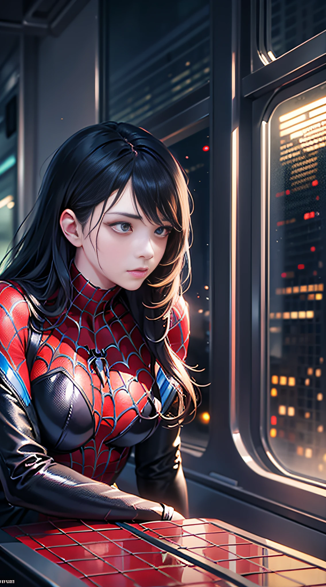 ((best qualtiy)), ((tmasterpiece)), ((Realistis)), realisticlying、Ultra-detailed portrait of Venom Spider-Man sitting alone on a train at night,In a cinematic environment,There is atmosphere、Low-key lighting,k hd、Create detailed digital paintings at eye level, scenecy, Masterpiece Woman