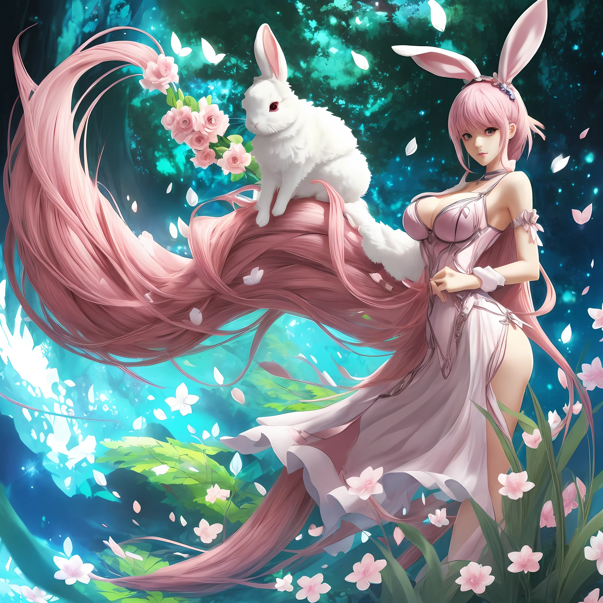 2D anime style、Girl holding a rabbit、Pink hair、huge tit、Big ass --auto