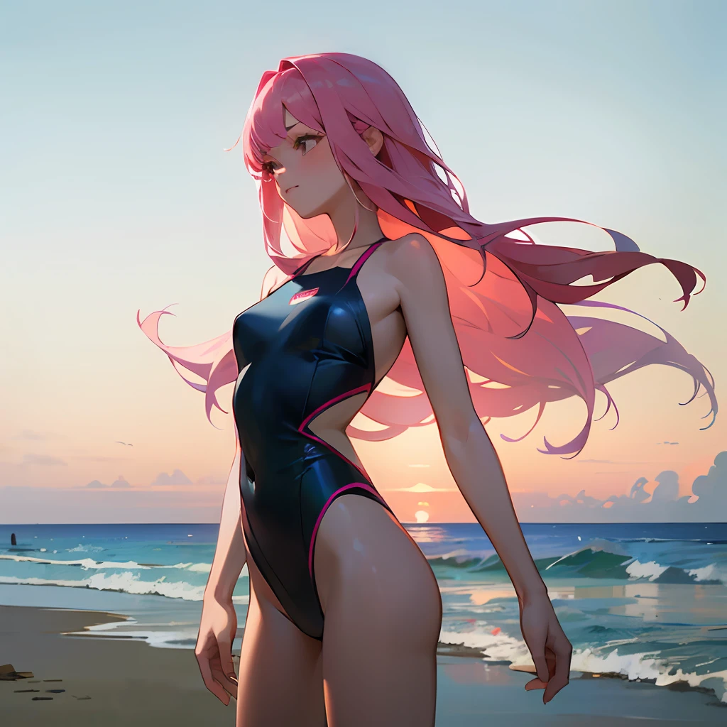 (masterpiece), (best quality), (ultra-high quality), 1girl, (with delicate and beautiful body), delicate swimsuit, pink hair, long hair, background, beautiful ocean, beach