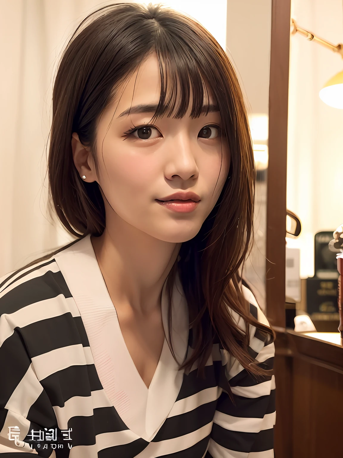 arafed woman with long hair and a striped shirt posing for a picture, Choi Hyun-hwa, chengyou liu, xintong chen, Zhang Wanting, 3 0 years old woman, 30 year-old woman, chiho, 2 , Yoshitomo Nara, Korean girl, beautiful Korean women, lulu chen