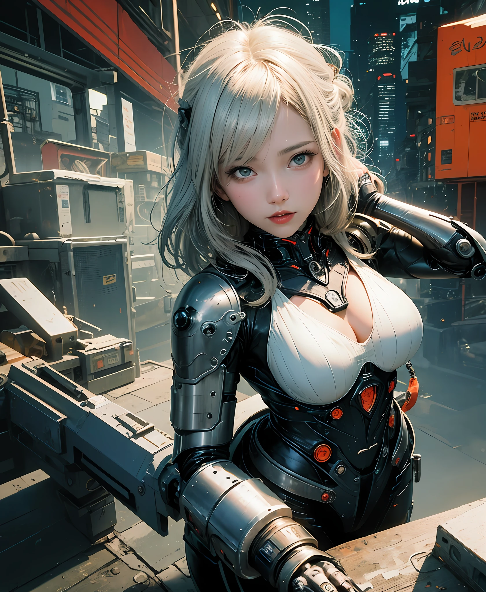 white  hair、long fluttering hair、strong breeze、Orange Eyes、radiant eyes、Evangelion Girl、Colossal tits、The face and chest are alive、Cleavage is visible。photoRealstic、portfolio、Evangelion-style metal mecha suit、an oppai cyberpunk、Gothloli details、metalic、detailed mechanical components、Bundle of thin tubes、Metal cylinder、Detailed neon、Fine LED、Fine parts