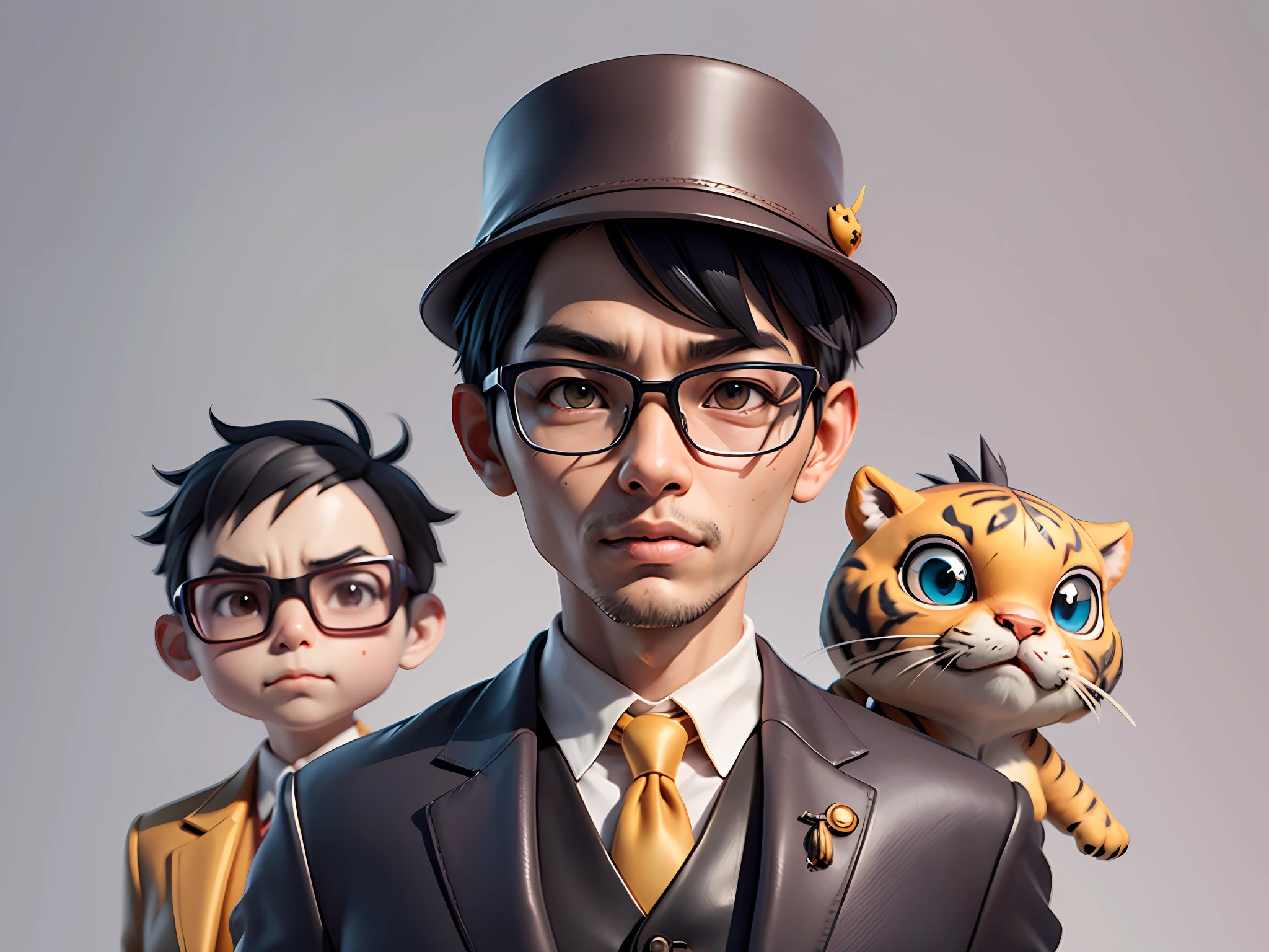 Young man with oriental face in leather hat, tiger, oriental face in formal suit, short black hair, silver glasses, digital painting, 3D character design by Mark Clairedon and Pixar and Hayao Miyazaki and Akira Toriyama, the illustration is a high-definition illustration in 4K resolution with very detailed facial features and cartoon-style visuals.