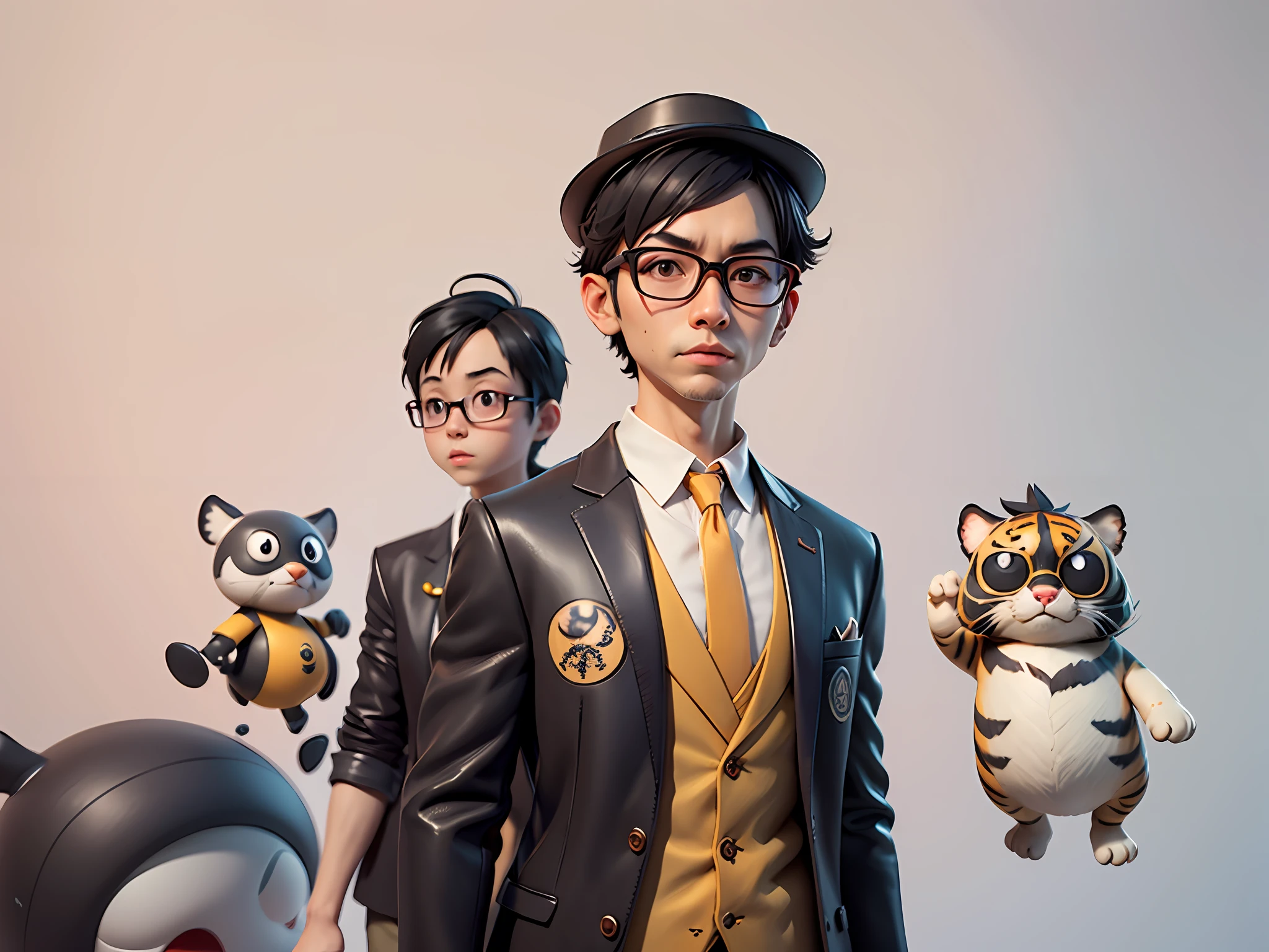 Young man with oriental face in leather hat, tiger, oriental face in formal suit, short black hair, silver glasses, digital painting, 3D character design by Mark Clairedon and Pixar and Hayao Miyazaki and Akira Toriyama, the illustration is a high-definition illustration in 4K resolution with very detailed facial features and cartoon-style visuals.