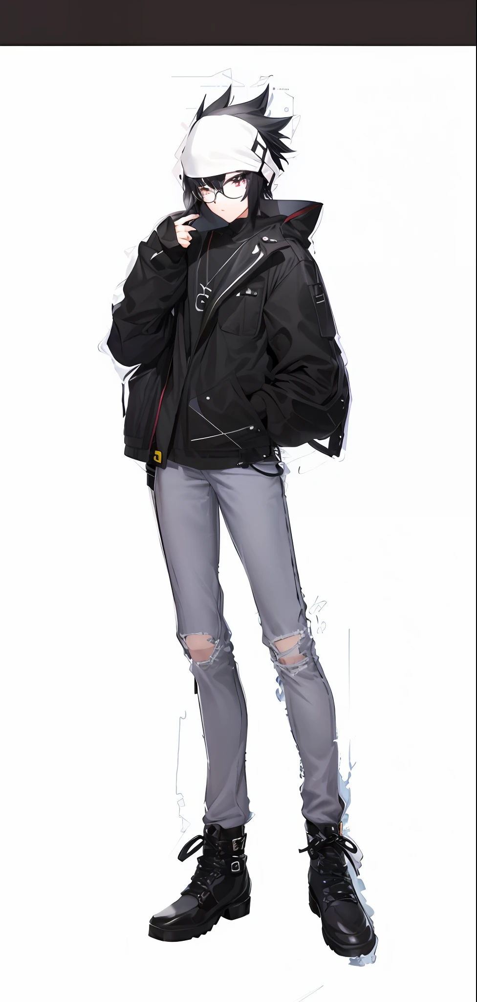 Anime characters with black hair and glasses in black jacket, !!Full body portrait!!, Full body illustration, anime full body illustration, Single character full body, Full body portrait of trousers and trousers!, highly detailed whole body, Boys everywhere!!, clear outfit design, full body detailing