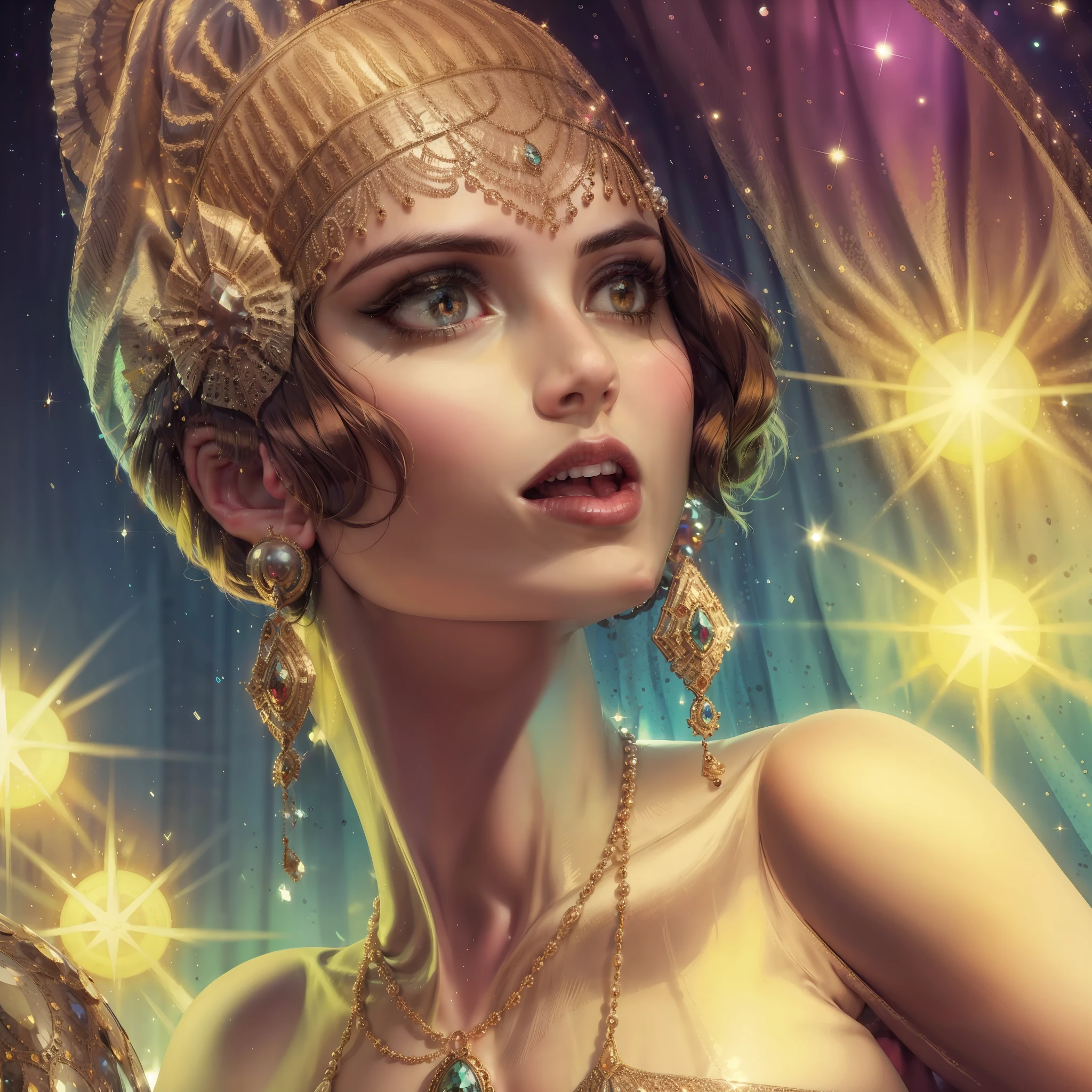 ((masterpiece)),(((best quality))), 1 girl, flapper, (beautiful eyes), large iris, flapper dress, (bare shoulders). jewellery, pearls sparkles, background lights, flashes,