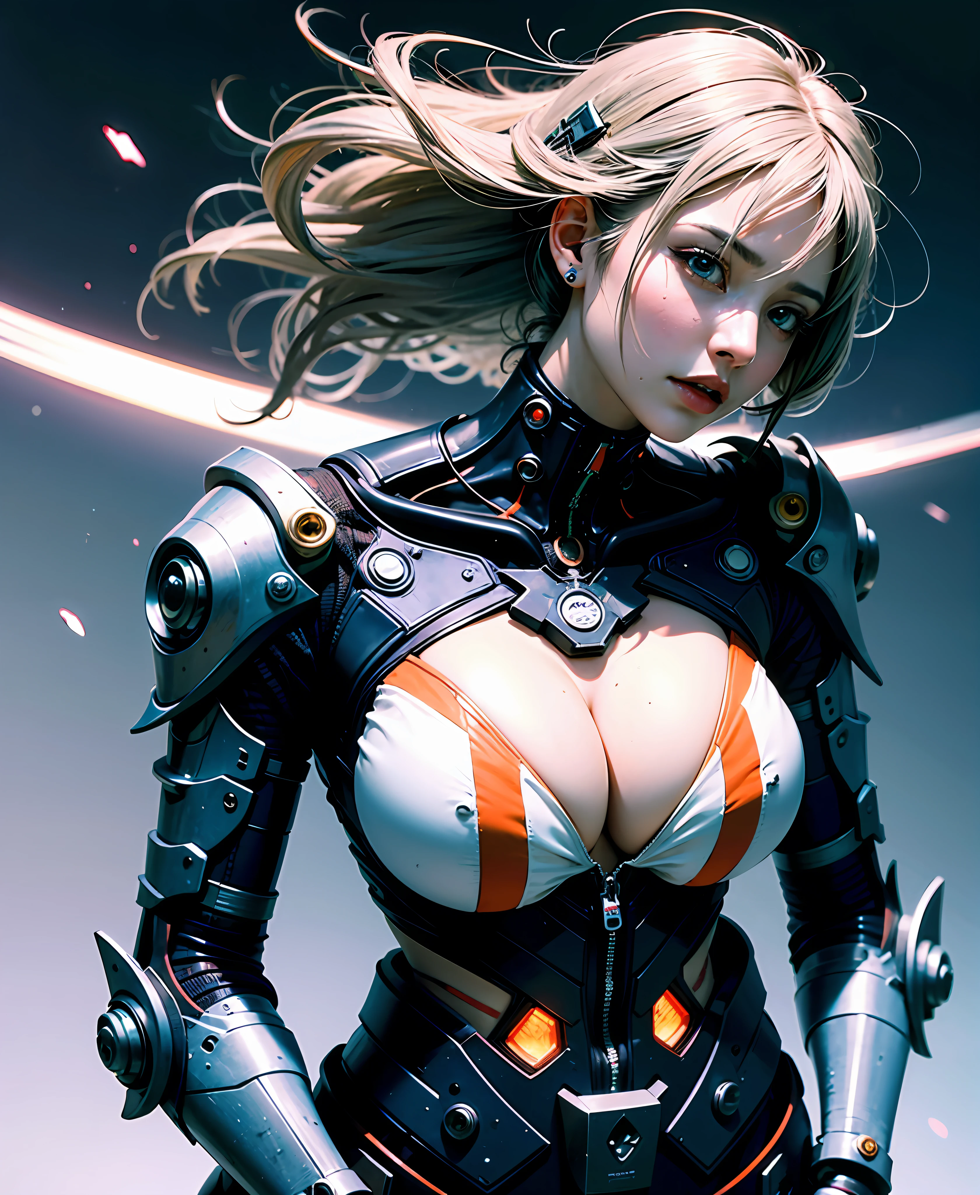 white  hair、Long fluttering hair、strong breeze、Orange eyes、radiant eyes、Evangelion Girl、huge tit、Face and chest are alive、Cleavage is visible。photoRealstic、portfolio、Evangelion-style metal mecha suit、an oppai cyberpunk、Gothloli details、metalic、Detailed mechanical parts、Bundle of thin tubes、Metal Cylinder、Detailed neon、Fine LED、Fine parts