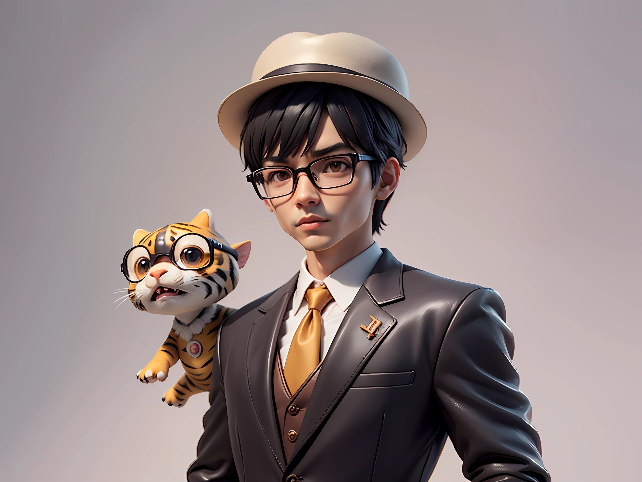 Young man with oriental face in leather hat, tiger, oriental face in formal suit, short black hair, silver glasses, digital painting, 3D character design by Mark Clairedon and Pixar and Hayao Miyazaki and Akira Toriyama, the illustration is a high-definition illustration in 4K resolution with very detailed facial features and cartoon-style visuals.