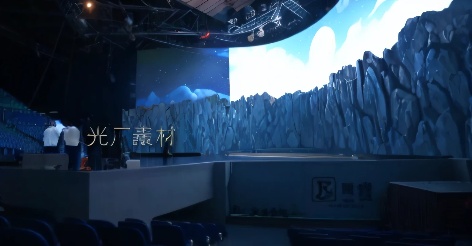 Someone stands on stage in front of a big screen, large commercial led screens, large led screens, 3 6 0投影, LED display, giant led screens, led screens, projection design installation, led display, projection mapping, exhibition hall lighting, Stage background, beijing, shenzhen, inspired by Li Keran, Large screen, footage of a theater stage --auto