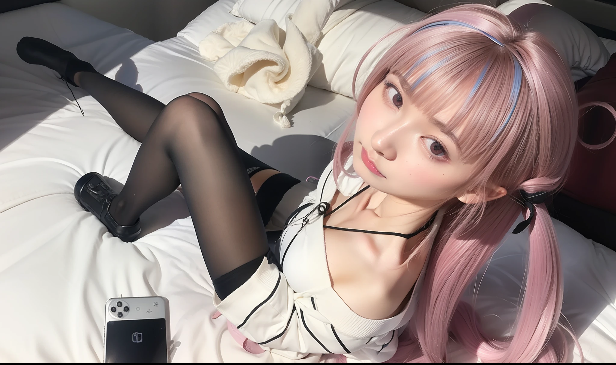 (masterpiece), (best quality), photorealism, realistic, ultra detailed, 8k resolution, (1girl), solo, beautiful, pink twintail hair, blue highlight hair, wearing cat ear hair band, minato aqua, front light, cinematic light, cold light, cosplay, minato aqua cosplay wearing sweater, vtuber, indoor, bedroom, lying on bed, thick breast, looking up, view from above, 15 years old, best propotional body, simetrical face, nintendo switch, beautiful eyes