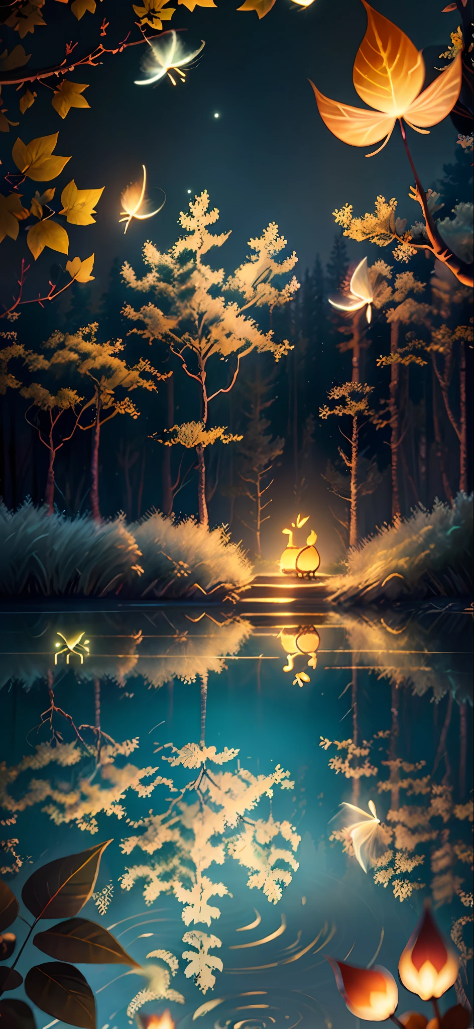 Masterpiece, best quality, (very detailed CG unity 8k wallpaper), (best quality), (best illustration), (best shadows), glow sprite, with a glowing deer, in the swimming pool Drinking water, natural elements in the forest theme. Mysterious forest, beautiful forest, nature, surrounded by flowers, delicate leaves and branches surrounded by fireflies (natural elements), (jungle theme), (leaves), (twigs), (fireflies), (particle effects) etc. 3D , Octane rendering, ray tracing, super detailed