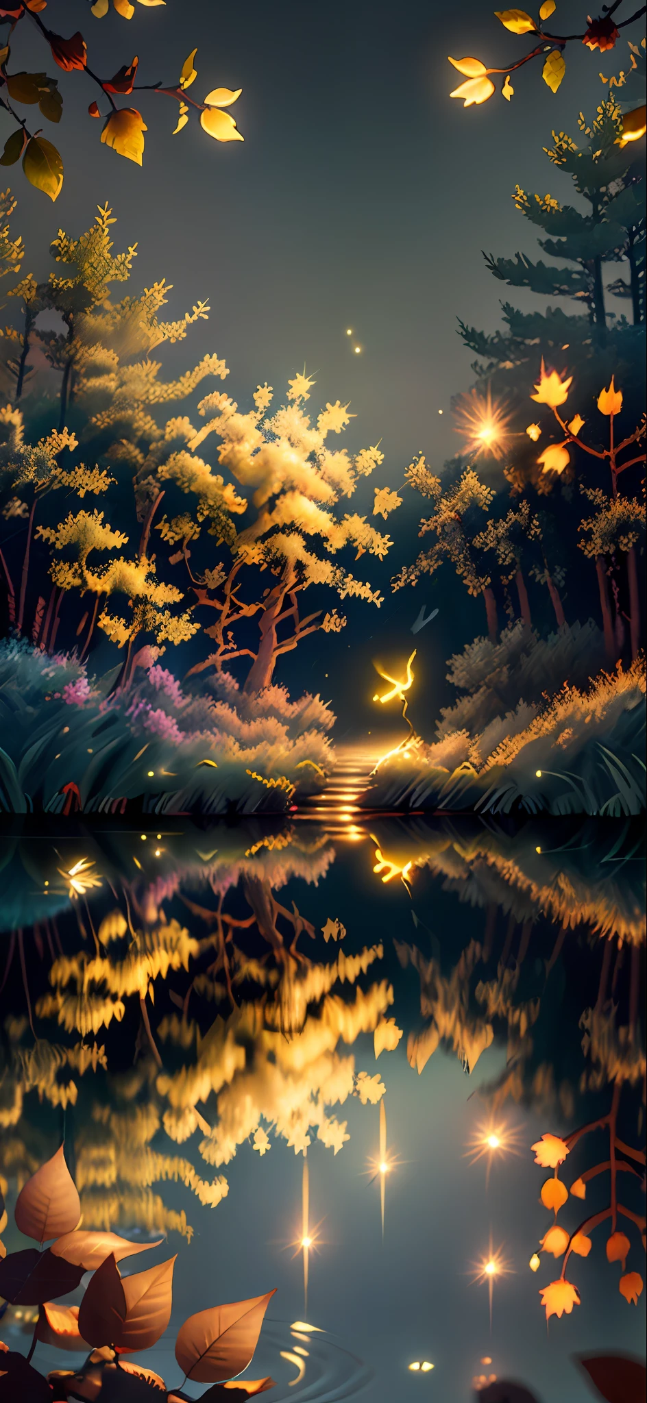 Masterpiece, best quality, (very detailed CG unity 8k wallpaper), (best quality), (best illustration), (best shadows), glow sprite, with a glowing deer, in the swimming pool Drinking water, natural elements in the forest theme. Mysterious forest, beautiful forest, nature, surrounded by flowers, delicate leaves and branches surrounded by fireflies (natural elements), (jungle theme), (leaves), (twigs), (fireflies), (particle effects) etc. 3D , Octane rendering, ray tracing, super detailed