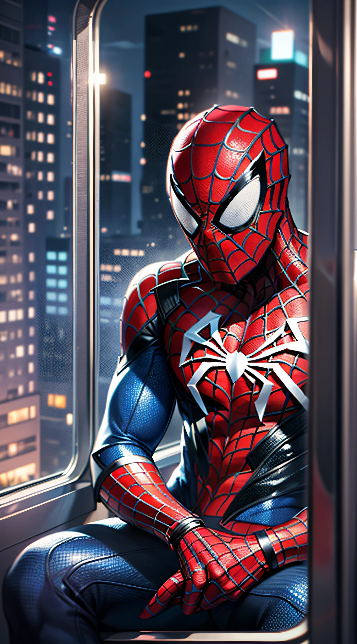 ((best qualtiy)), ((tmasterpiece)), ((Realistis)), realisticlying、Super detailed portrait of Spider-Man sitting alone on a train at night,In a cinematic environment,There is atmosphere、Low-key lighting,k hd、Create detailed digital paintings at eye level, scenecy, tmasterpiece