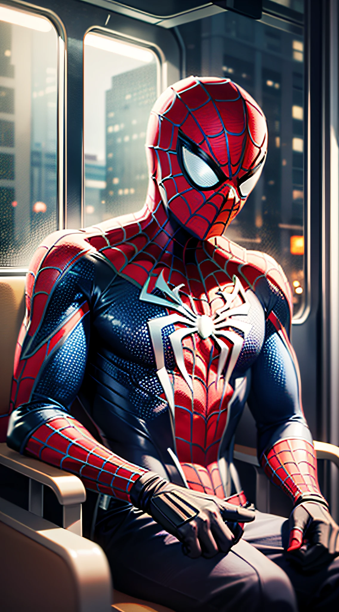 （（best qualtiy））， （（tmasterpiece））， （（Realistis））， realisticlying、Super detailed portrait of Spider-Man sitting alone on a train at night，In a cinematic environment，There is atmosphere、Low-key lighting，k hd、Detailed digital painting created at eye level， scenecy， tmasterpiece
