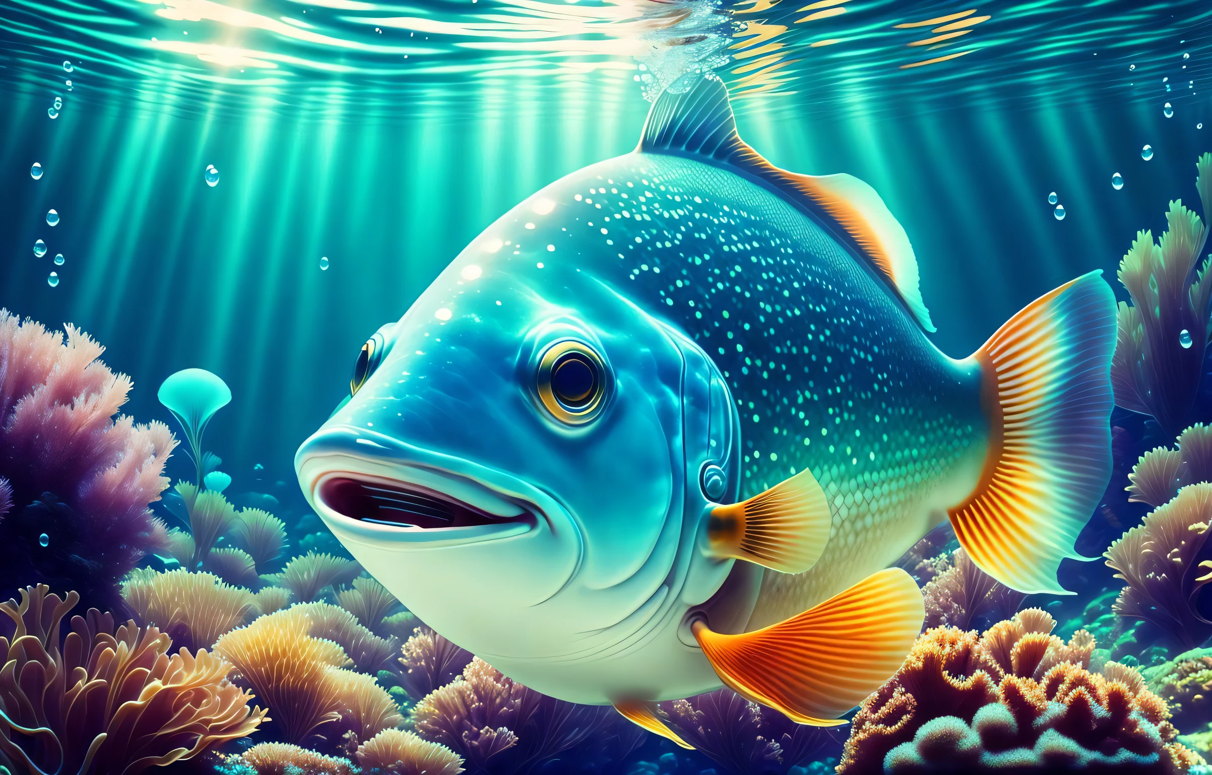 underwater helmet, fish smile happy, beautiful sky, far away, underwater world, paradise, 4k