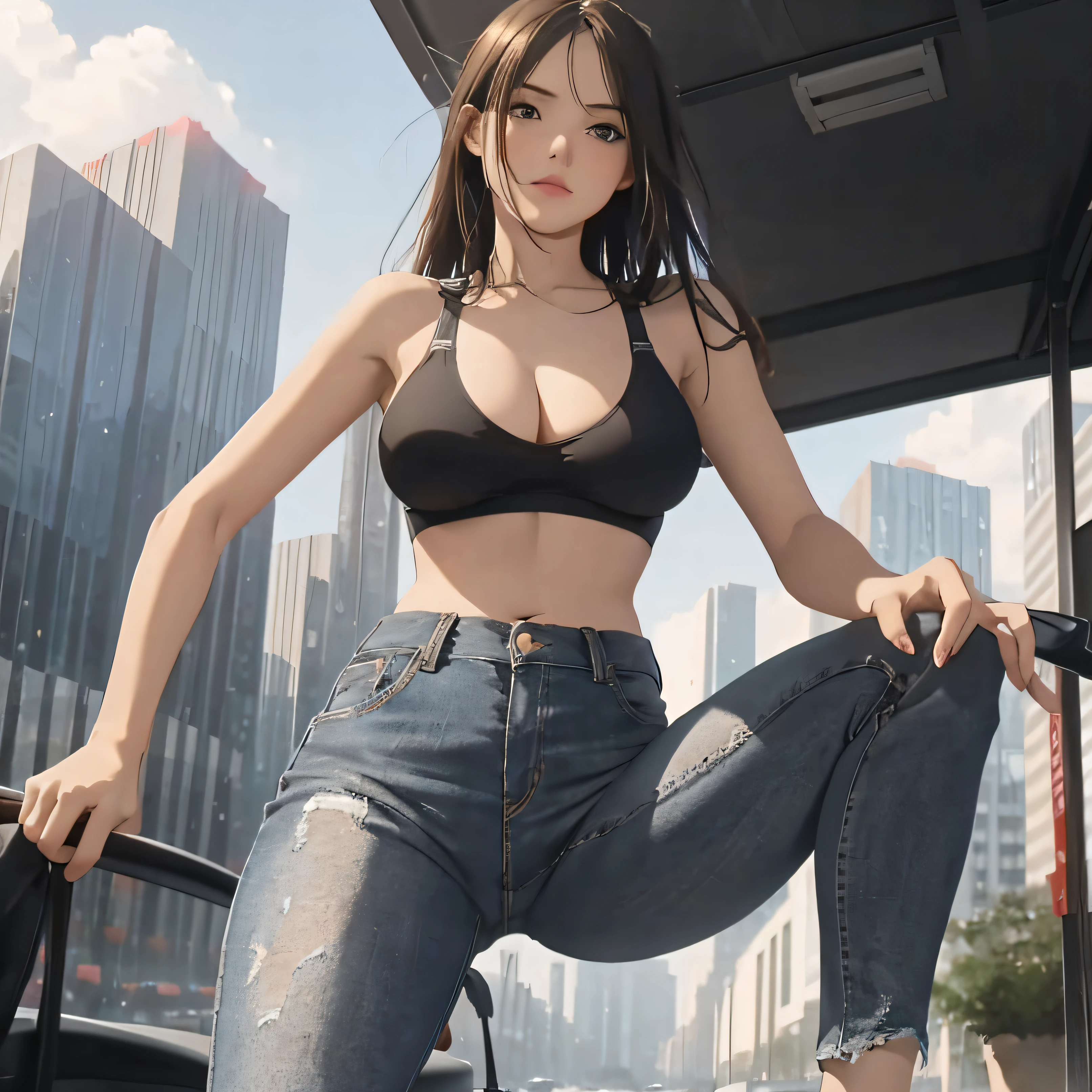 woman,(((from below))),huge tit((big assa)),Tight sports bra,((denim short)),Busy city,ssee-through,(tempting pose),(Long legs:1.7),looking at viewert,frenzied,(Eye contact),realisticlying,tmasterpiece,photography of,best qualtiy,8K,hdr,RAW photos,A high resolution,absurderes:1.2,Canon 5D3,filmgrain,blur backgroun,Canon 5D3,Ultra-detailed face and eyes and hands,