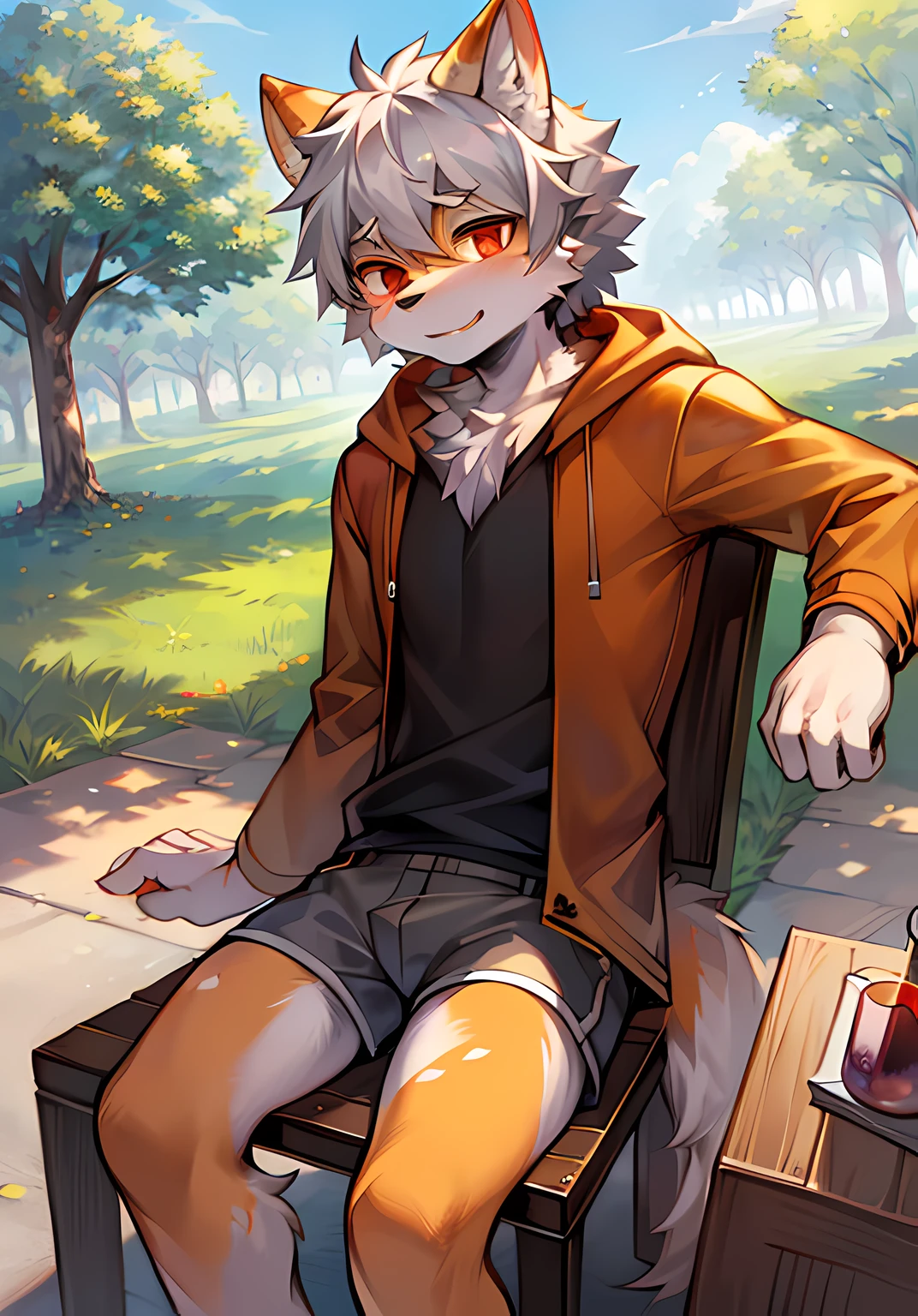 eyes with brightness,in a panoramic view,Character focus,独奏,shaggy,shaggy male,malefocus,anthr,(Full body fur,Fluffy tail,Off-white fur,Orange-red eyes,Gray hair,Orange coat,grey shorts:1.2)Sit in a chair in the park in a daze,park in background:1.1