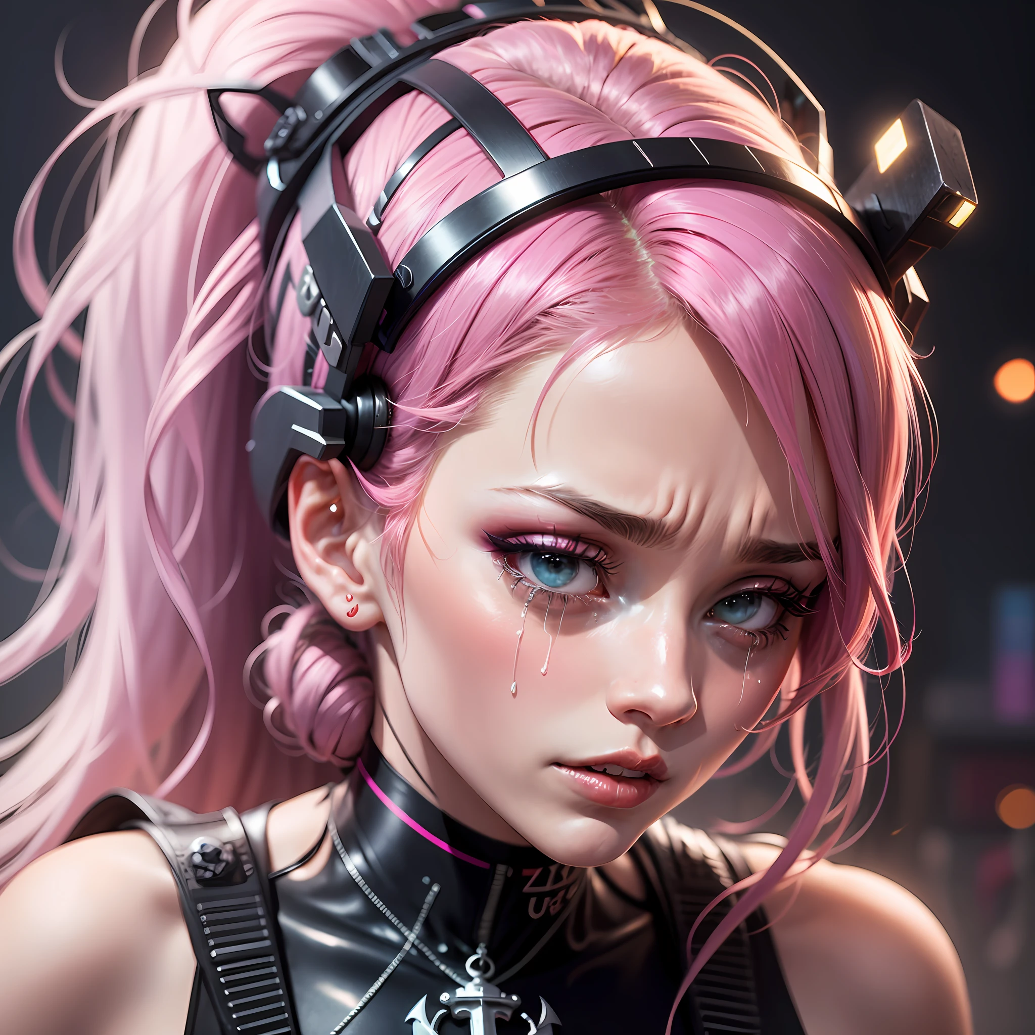 ponytail, head mounted display, anchor choker, skull hair ornament, pink hairband, streaming tears, makeup, drunk, nose blush, Futurism, cinematic lighting, UHD, masterpiece, anatomically correct, 16k