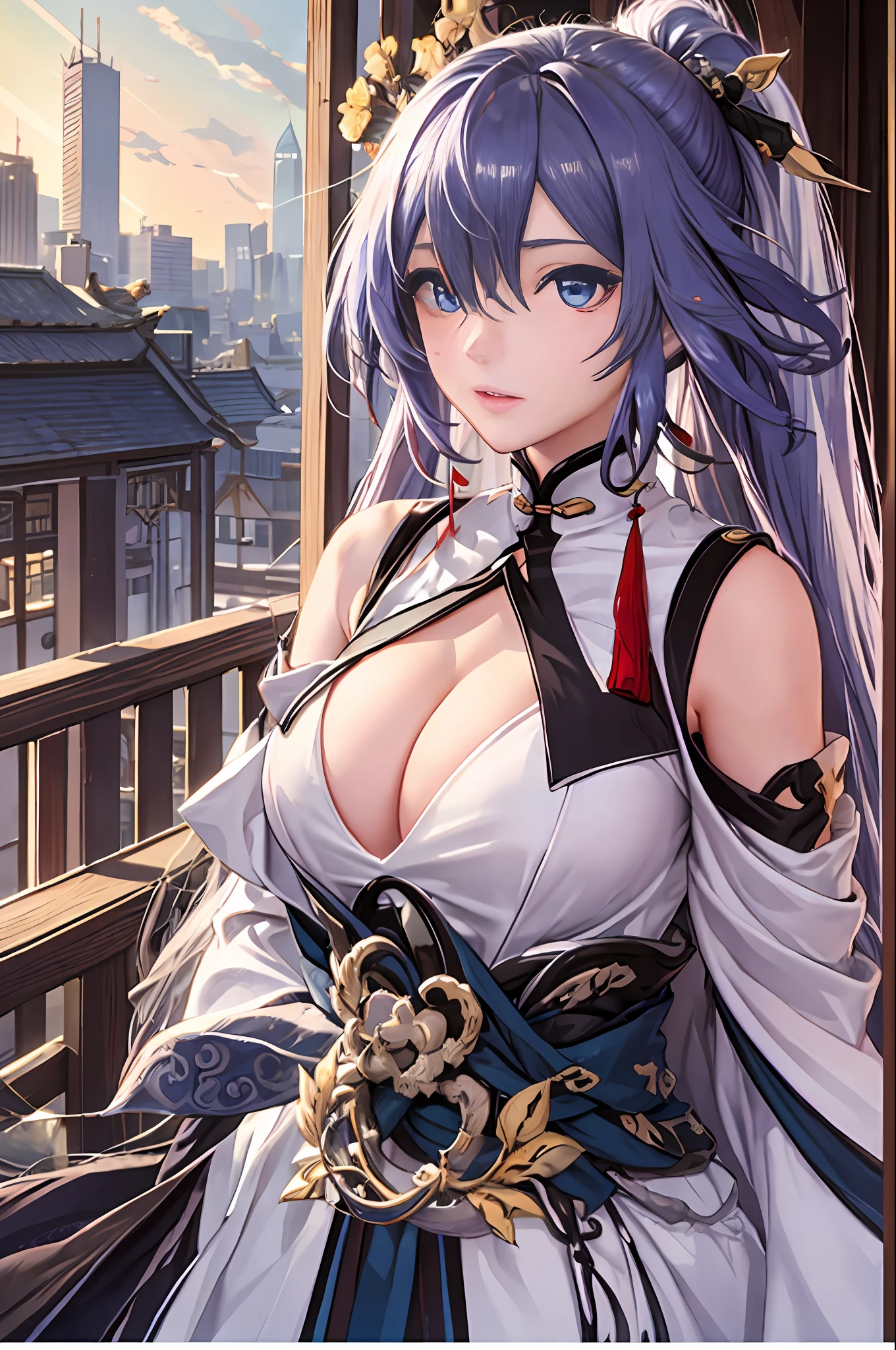 tmasterpiece,Best quality at best,Azure_Empyrea,独奏,1girll,城市,Chinese architecture,long whitr hair,Hair in one eye,rays of sunshine,looking at viewert,Eyes can be seen through the hair,Bigchest,huge tit