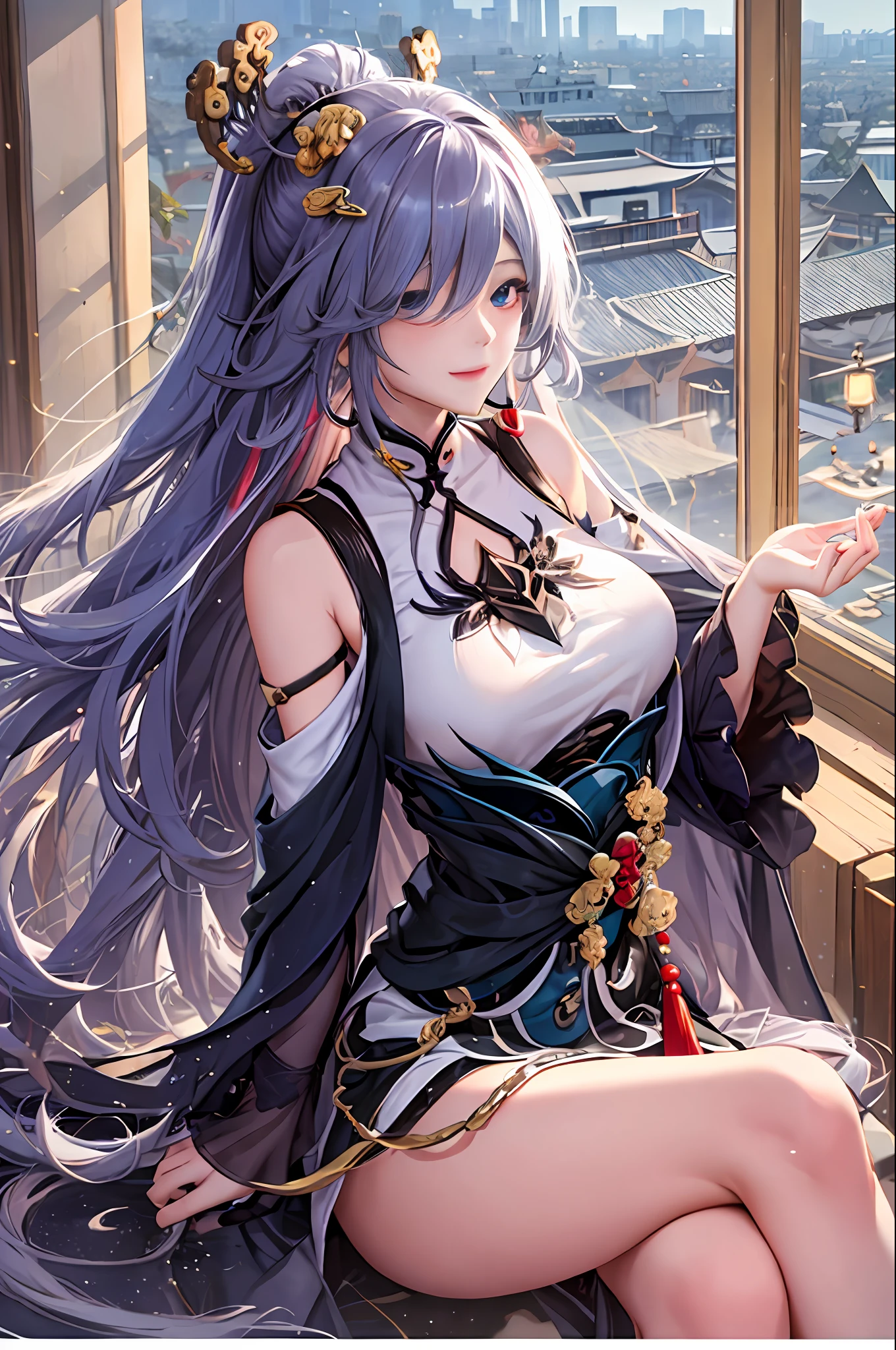 tmasterpiece，Best quality at best，Azure_Empyrea，独奏，1girll，城市，Chinese architecture，long whitr hair，Hair in one eye，rays of sunshine，looking at viewert，Eyes can be seen through the hair，Bigchest，huge tit