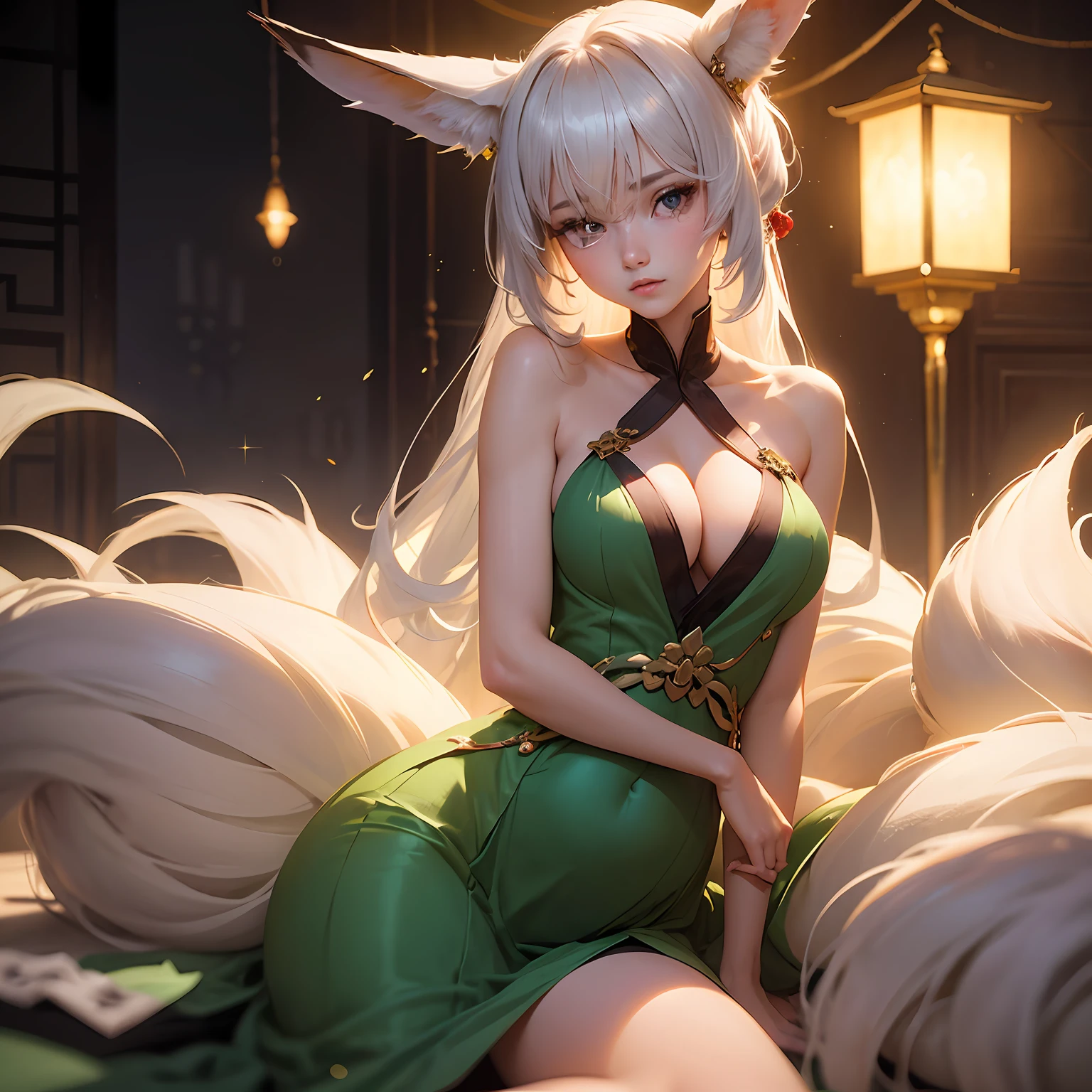 A girl and a white-haired fox sit on a branch:1.1,Large breasts,Raised sexy,seductiv,ethereal fox,nine tail fox,Fox three-tailed fox,Onmyoji detailed art,Nine tails: Image of woman in belly dancing costume,There is a girl in a green dress, clubs,palaces,oriental architecture ray tracing,{best qualtiy},{ {tmasterpiece}},Extremely detailed 8k wallpaper,{An extremely delicate and beautiful},coloured with lots of colour,intricately details,photorealestic,Realiy,Camera quality,(Carefully portray clothes),Representative works of ethnic manga,beautifuldetails,Extremely colorful,Exquisite details,Delicate lips,The details are complex,Realiy,Ultra photo realsisim,Cold white skin,(Carefully portray blush),suns,Soft cute,Smooth light silver hair,Messy beauty,lamplight,Sense of brokenness,The skin is shiny and silky,3D stereoscopic,tmasterpiece,The best quality,The illustrations are super detailed,beautidful eyes,Very delicate light,Fine luminescence,Very detailed 8k CG wallpaper,Peach blossom eyes,Red pupils,An extremely delicate and beautiful girl,8k wallpaper,best qualtiy,close-up all over the body,a white long skirt,Luxuriously silky bright red chiffon overshine(illusion,glitters,Ultrathin,softness,)Hanfu --auto