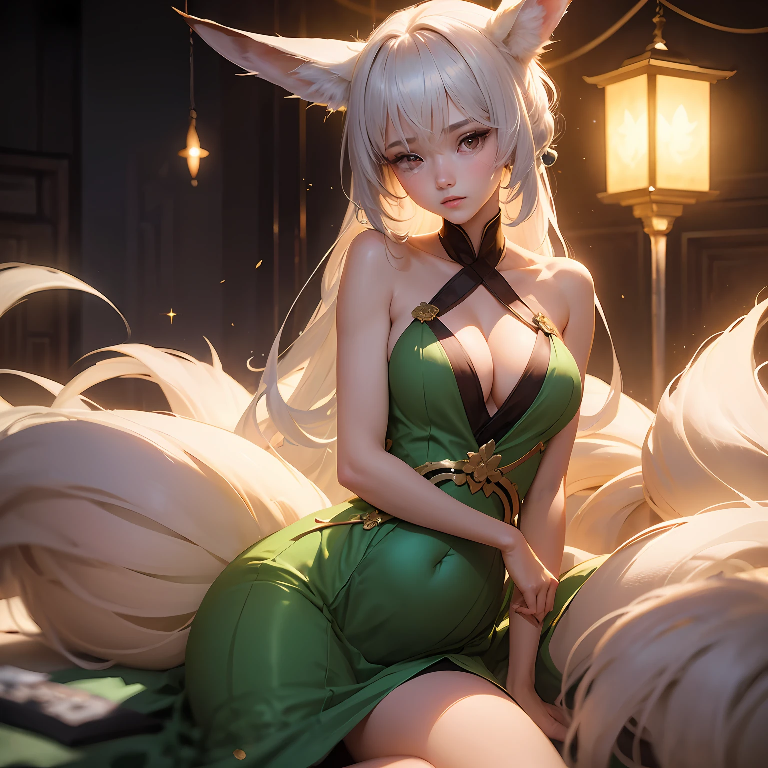 A girl and a white-haired fox sit on a branch:1.1,Large breasts,Raised sexy,seductiv,ethereal fox,nine tail fox,Fox three-tailed fox,Onmyoji detailed art,Nine tails: Image of woman in belly dancing costume,There is a girl in a green dress, clubs,palaces,oriental architecture ray tracing,{best qualtiy},{ {tmasterpiece}},Extremely detailed 8k wallpaper,{An extremely delicate and beautiful},coloured with lots of colour,intricately details,photorealestic,Realiy,Camera quality,(Carefully portray clothes),Representative works of ethnic manga,beautifuldetails,Extremely colorful,Exquisite details,Delicate lips,The details are complex,Realiy,Ultra photo realsisim,Cold white skin,(Carefully portray blush),suns,Soft cute,Smooth light silver hair,Messy beauty,lamplight,Sense of brokenness,The skin is shiny and silky,3D stereoscopic,tmasterpiece,The best quality,The illustrations are super detailed,beautidful eyes,Very delicate light,Fine luminescence,Very detailed 8k CG wallpaper,Peach blossom eyes,Red pupils,An extremely delicate and beautiful girl,8k wallpaper,best qualtiy,close-up all over the body,a white long skirt,Luxuriously silky bright red chiffon overshine(illusion,glitters,Ultrathin,softness,)Hanfu --auto