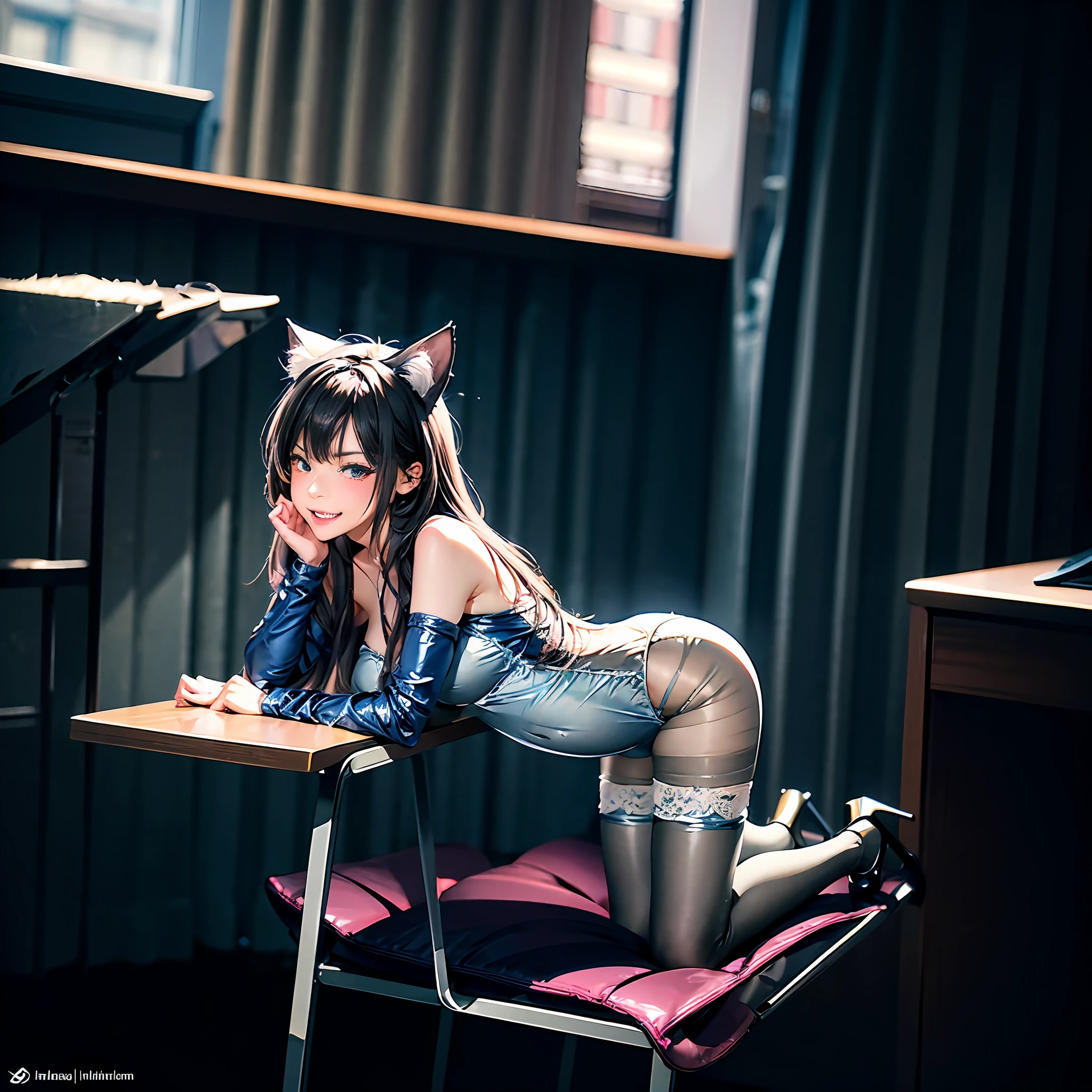 5 year old girl face bad smile drooling heterochromic pupils Long hair to waist cat ear hairpins latex underwear sheer clothing latex tights big breasts fluffy tail kneeling legs spread high heels running water on the lower body white liquid under the body strangled flesh soft light on the table pregnant sm