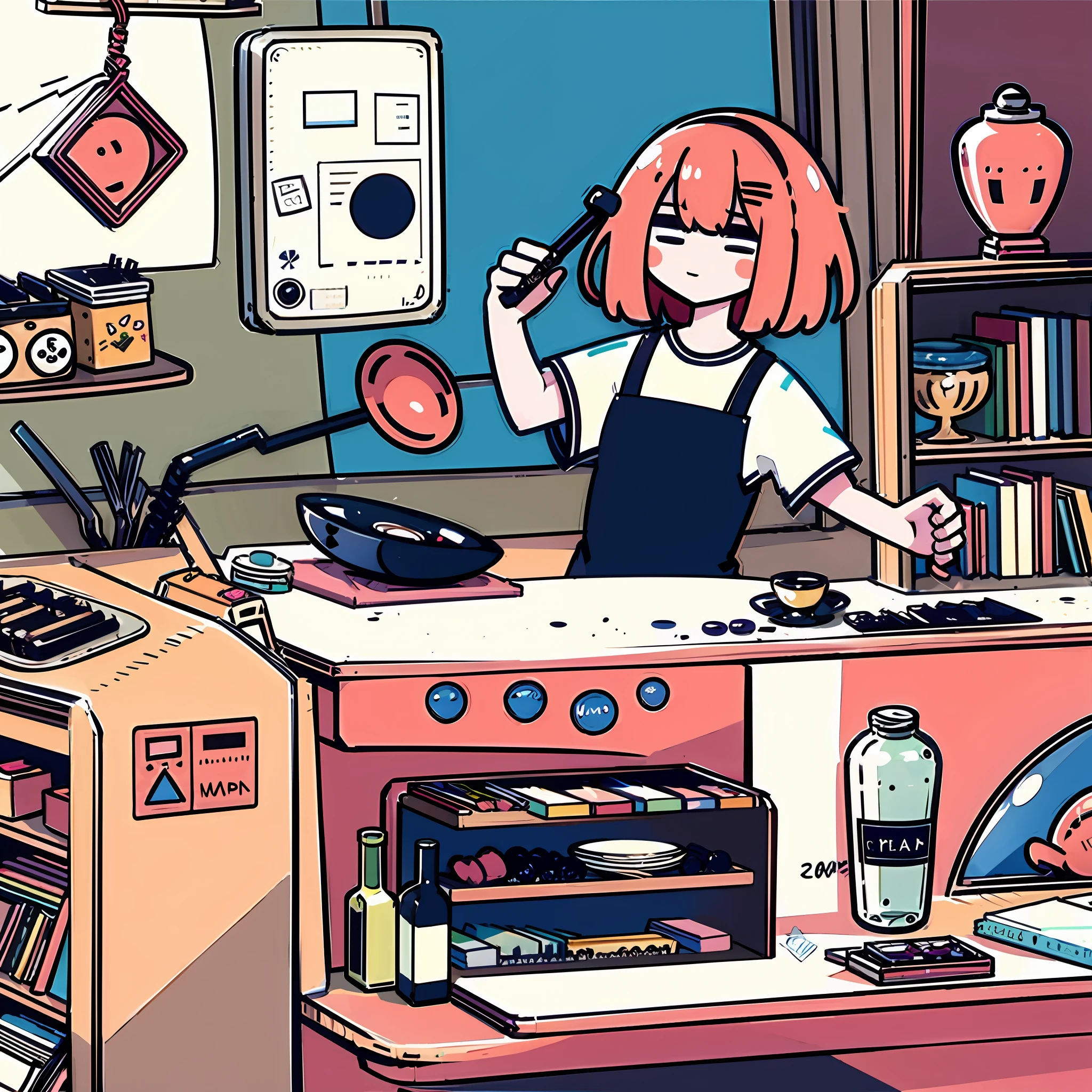 Woman cooking、kitchin、Hand drawn cartoon art、Flat illustration