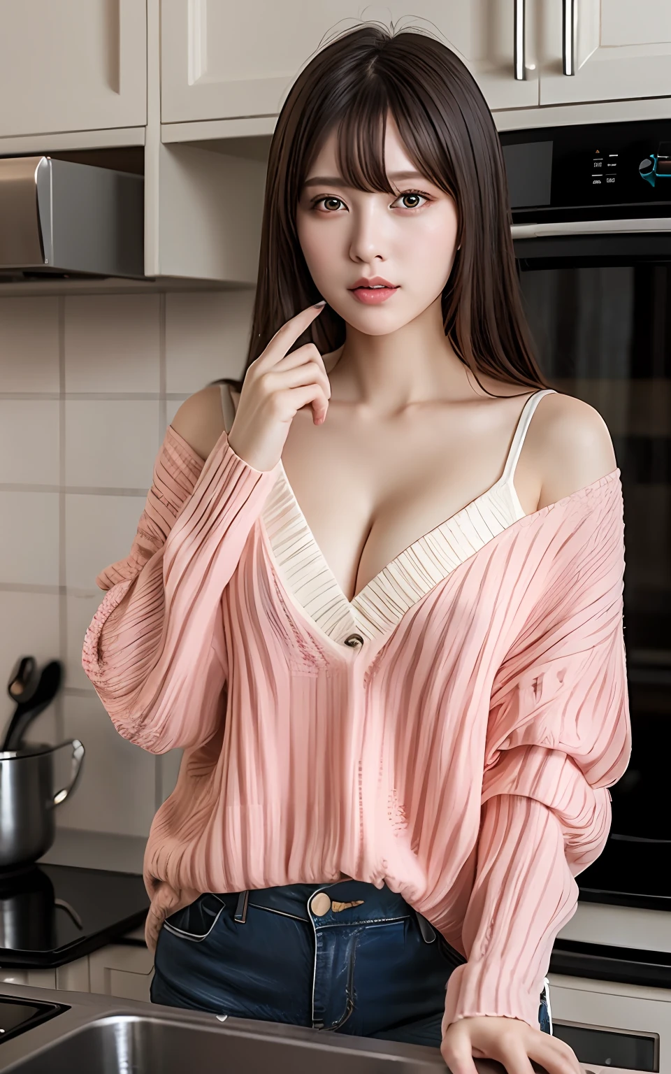 Highly detailed CG Unity 8k wallpaper, With the highest quality, super detailed, ​master piece, Realistic, photos realistic, extremely detailed cute girl, 25 years old, (Virgin Killer Sweater),cleavage,  jeans, (blush) , Round eyes, Large breasts, looking viewer, Half body shot , kitchen , cooking