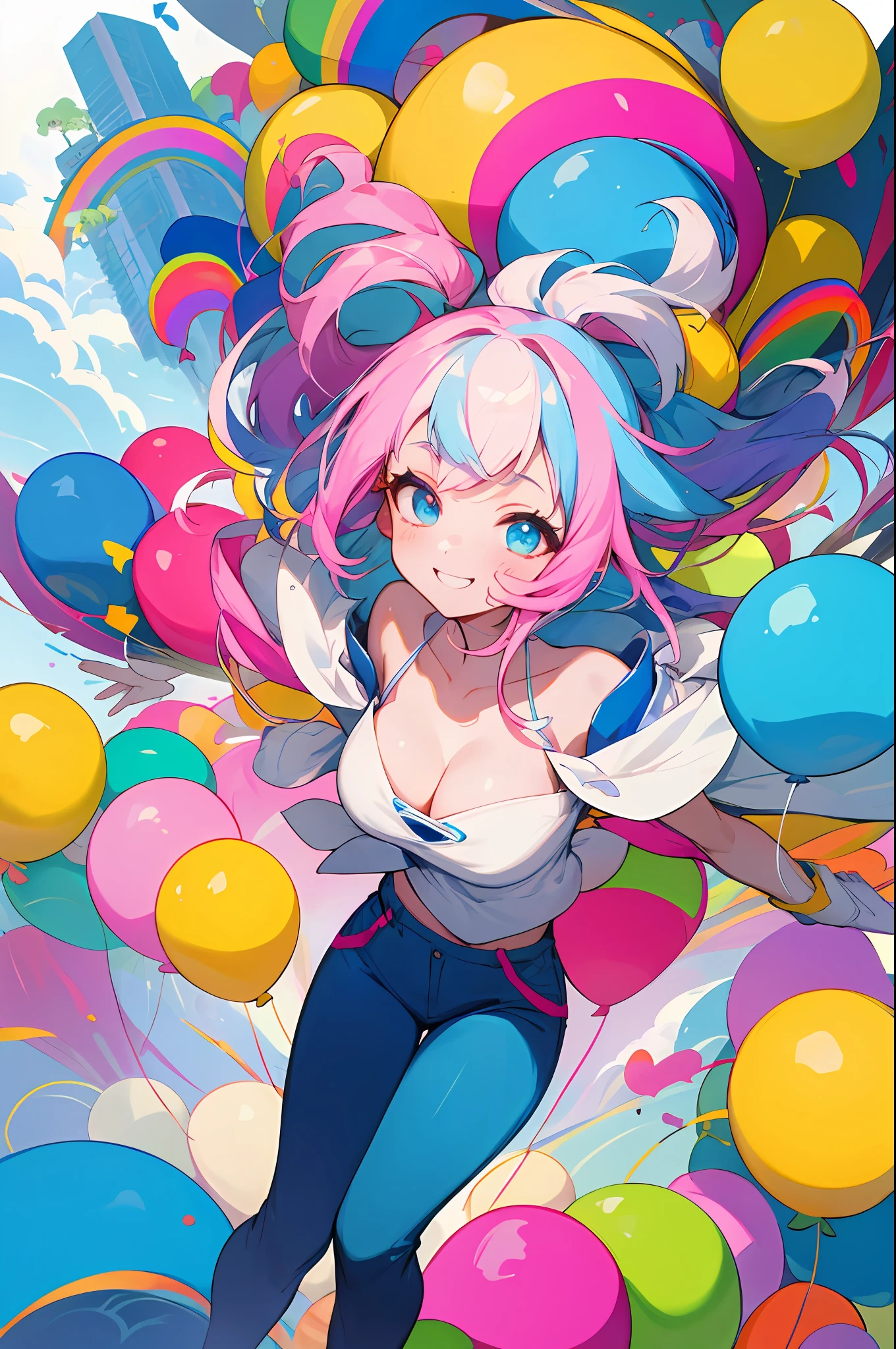 fully body photo,2 arms,2 legs,cropped shoulders,Beautiful detailed face,hair straight,ssmile,Gradient color eyes,White cloud background,Chest reduction,shorter pants,high saturated,balloons,dynamic angle,城市,the night,exteriors,Highly Detailed Face and Skin Textur,二重まぶた,Whitens the skin,MagazineCover,closeup cleavage:1.1,bauhause,Shape,lineworks,Abstract 1.1,rainbow colour hair, colorfulhair, Half blue and half pink hair: 1.2,Hefty Smile,dream-state,skyscrapper, The Tree of Life, swirles, Magic Array,Soap bubbles,Floating in the sky,brightly,cheerfulness,intriguing,gentlesoftlighting